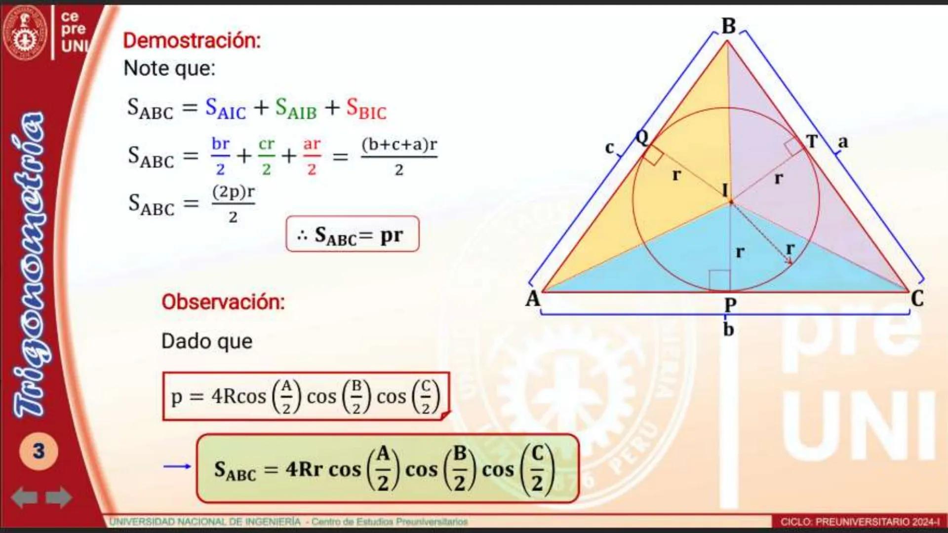 Trigonometría
10
ce
pre
UNI
TEOREMA
Utilizando la longitud del circunradio y las
medidas de sus ángulos interiores
El área de una región tri