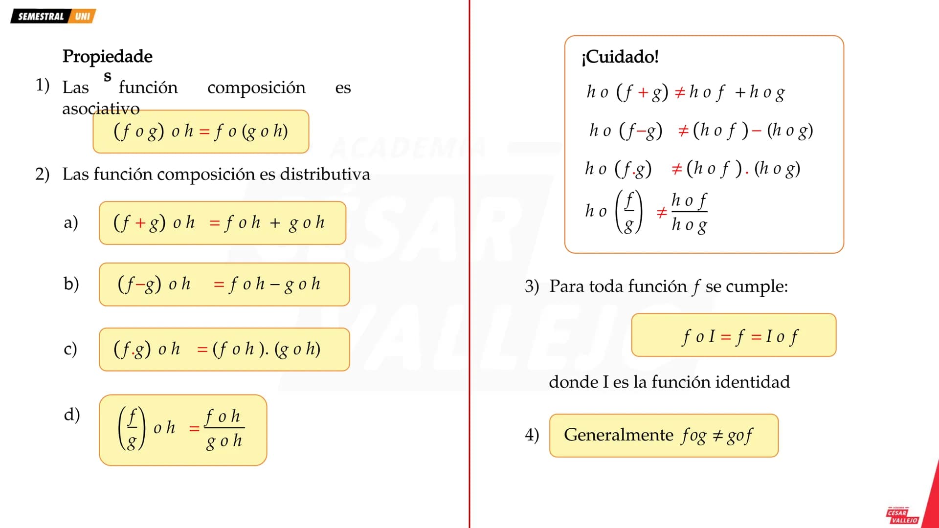 SEMESTRAL UNI
Álgebra de funciones
Es el conjunto de operaciones (adición, sustracción, multiplicación y división) que se definen entre dos