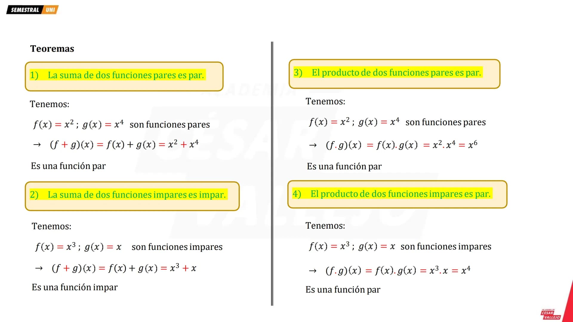 SEMESTRAL UNI
Teoremas
1) La suma de dos funciones pares es par.
3) El producto de dos funciones pares es par.
ADE
Tenemos:
f(x) = x²; g(x)