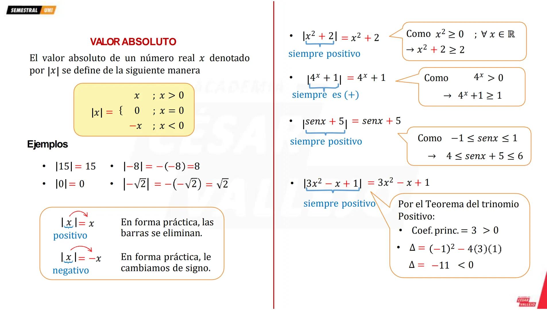 --- OCR Start ---
SEMESTRAL UNI
VALOR ABSOLUTO
El valor absoluto de un número real x denotado
por |x| se define de la siguiente manera
X
; x