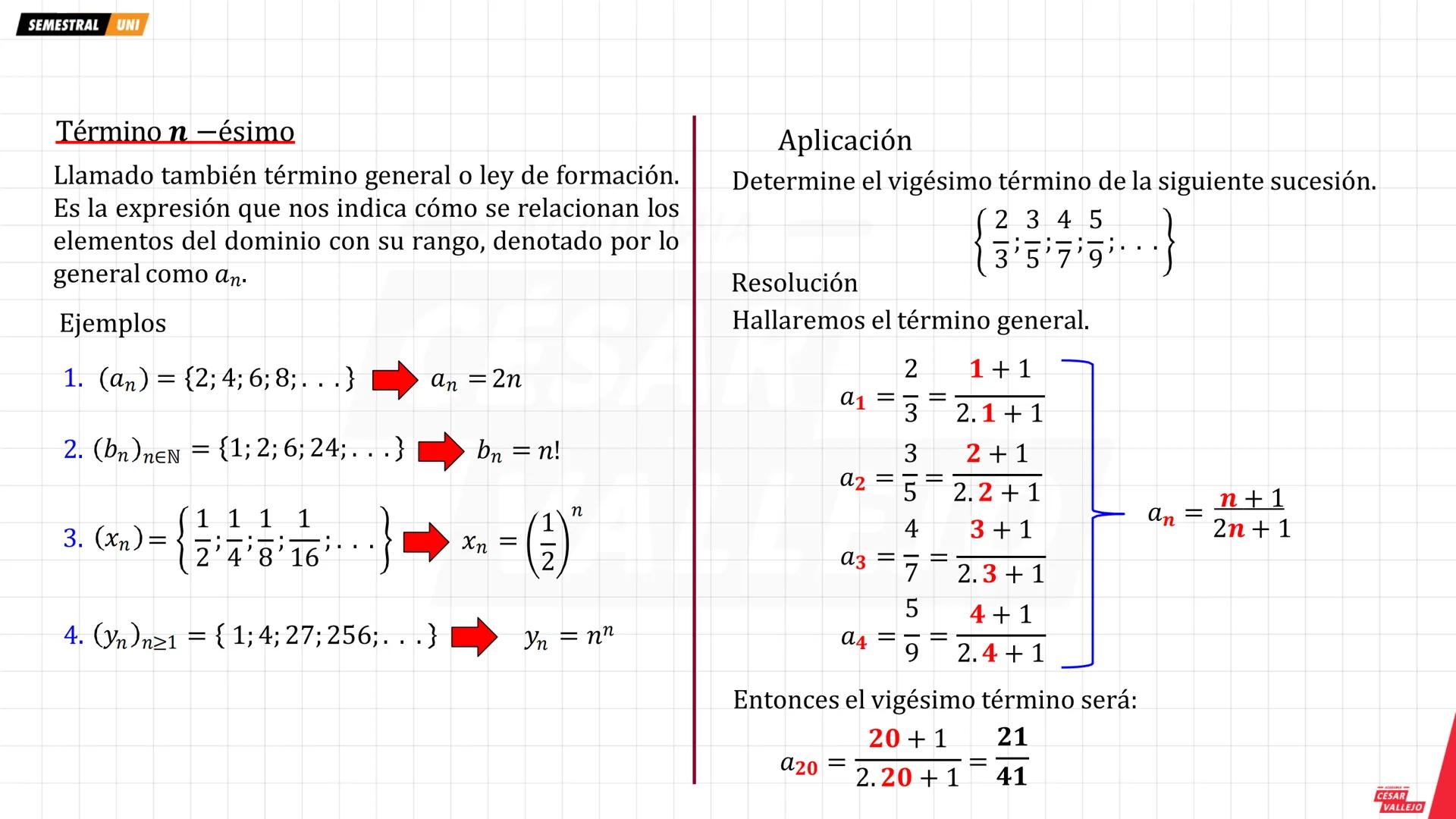 SEMESTRAL UNI
SUCESIONES REALES
Una sucesión es una función cuyo dominio es el
conjunto de los números naturales y su rango es un
subconjunt