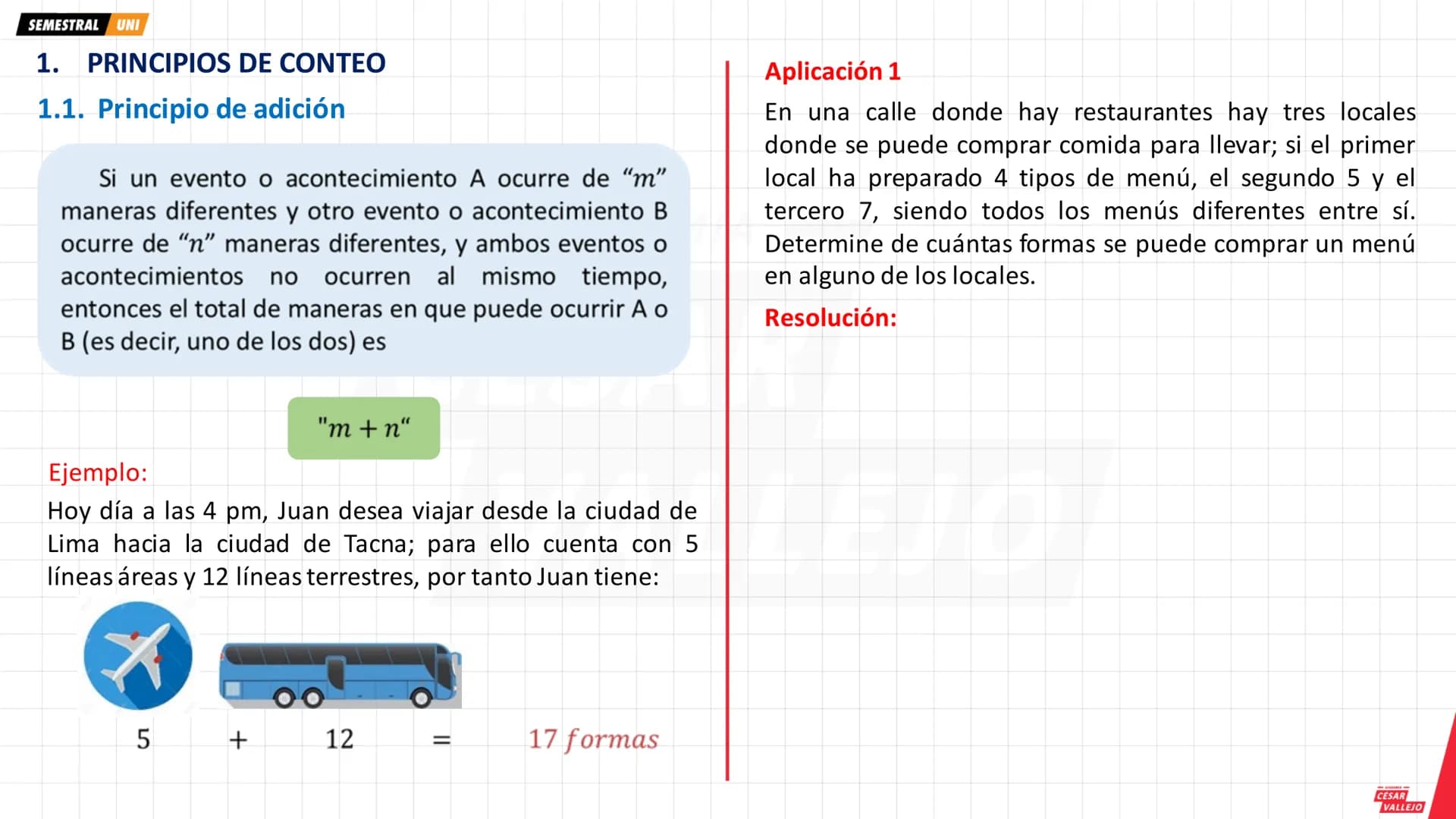SEMESTRAL UNI
1. PRINCIPIOS DE CONTEO
1.1. Principio de adición
Si un evento o acontecimiento A ocurre de "m"
maneras diferentes y otro even