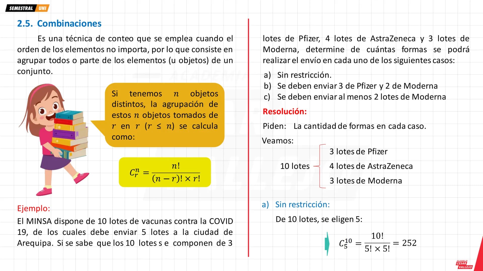 SEMESTRAL UNI
1. PRINCIPIOS DE CONTEO
1.1. Principio de adición
Si un evento o acontecimiento A ocurre de "m"
maneras diferentes y otro even