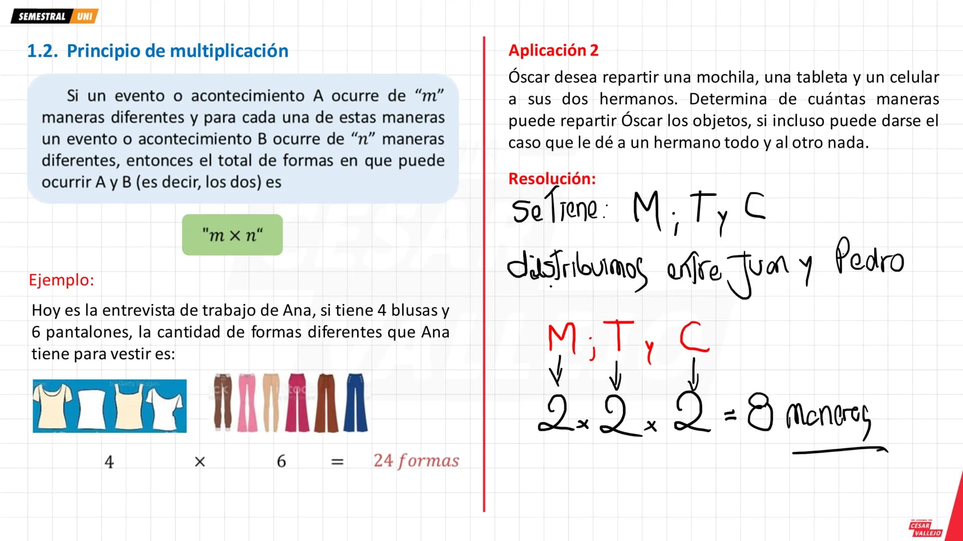 SEMESTRAL UNI
1. PRINCIPIOS DE CONTEO
1.1. Principio de adición
Si un evento o acontecimiento A ocurre de "m"
maneras diferentes y otro even