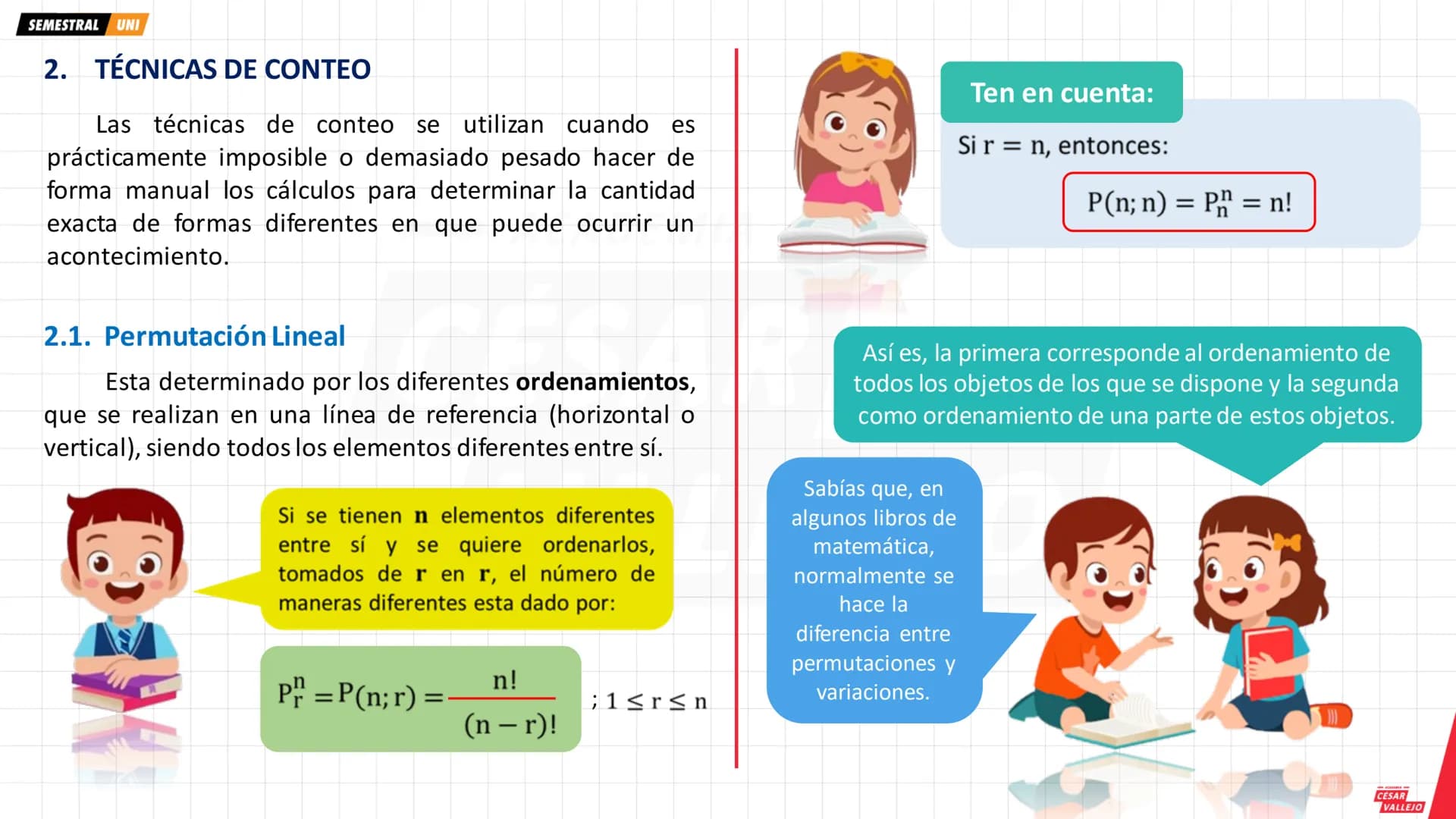 SEMESTRAL UNI
1. PRINCIPIOS DE CONTEO
1.1. Principio de adición
Si un evento o acontecimiento A ocurre de "m"
maneras diferentes y otro even