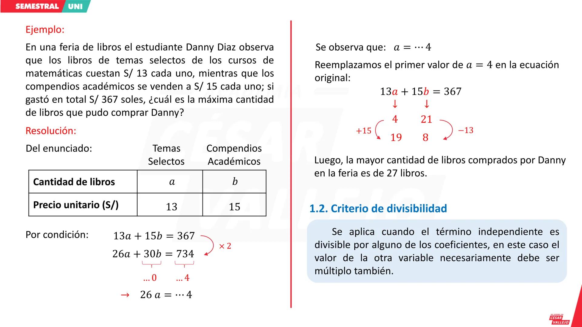 SEMESTRAL UNI
1. ECUACIONES DIOFÁNTICAS
Son aquellas ecuaciones cuyas constantes son
números enteros y cuyas variables (incógnitas)
también