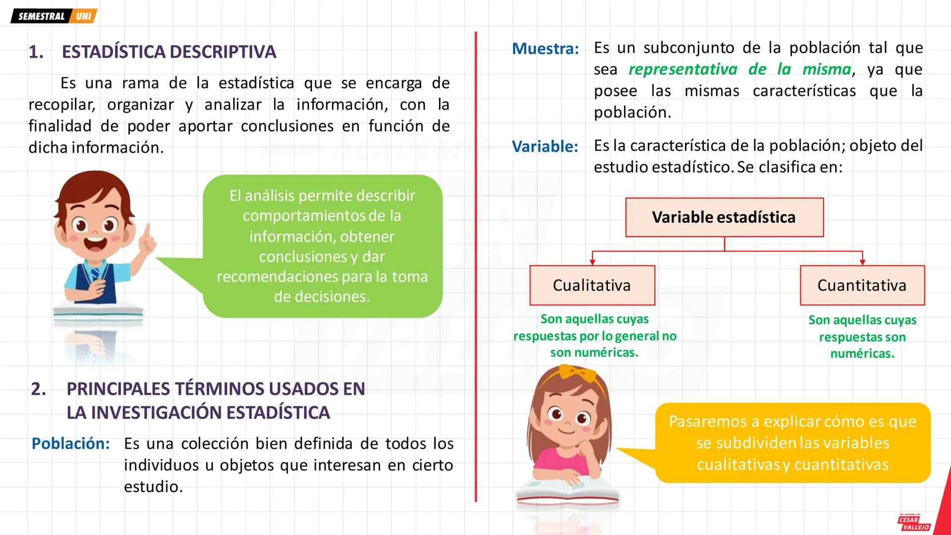 SEMESTRAL UNI
1. ESTADÍSTICA DESCRIPTIVA
Es una rama de la estadística que se encarga de
recopilar, organizar y analizar la información, con