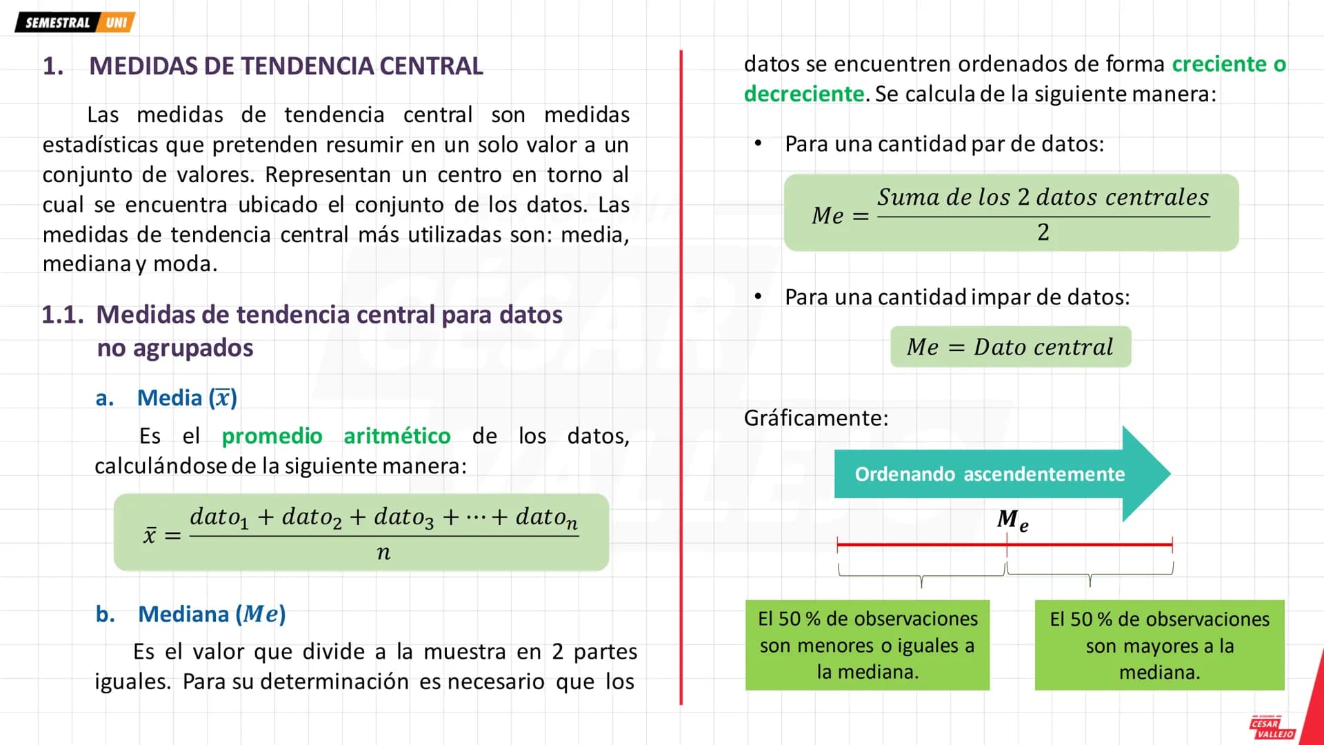 SEMESTRAL UNI
1. ESTADÍSTICA DESCRIPTIVA
Es una rama de la estadística que se encarga de
recopilar, organizar y analizar la información, con