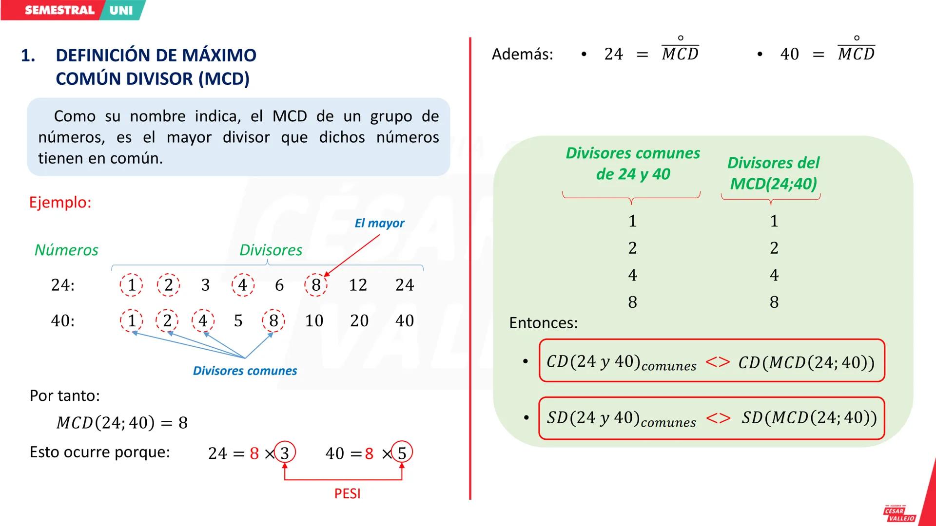 # 1. DEFINICIÓN DE MÁXIMO COMÚN DIVISOR (MCD)
Como su nombre indica, el MCD de un grupo de números, es el mayor divisor que dichos números