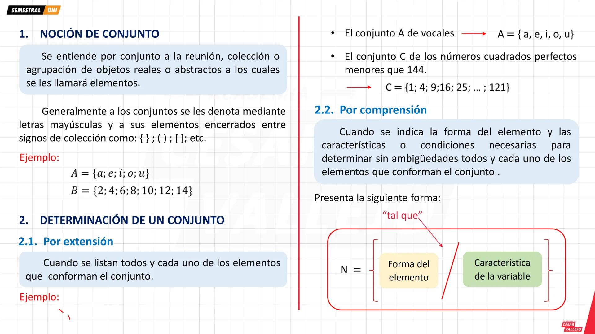 SEMESTRAL UNI
1. NOCIÓN DE CONJUNTO
Se entiende por conjunto a la reunión, colección o
agrupación de objetos reales o abstractos a los cuale