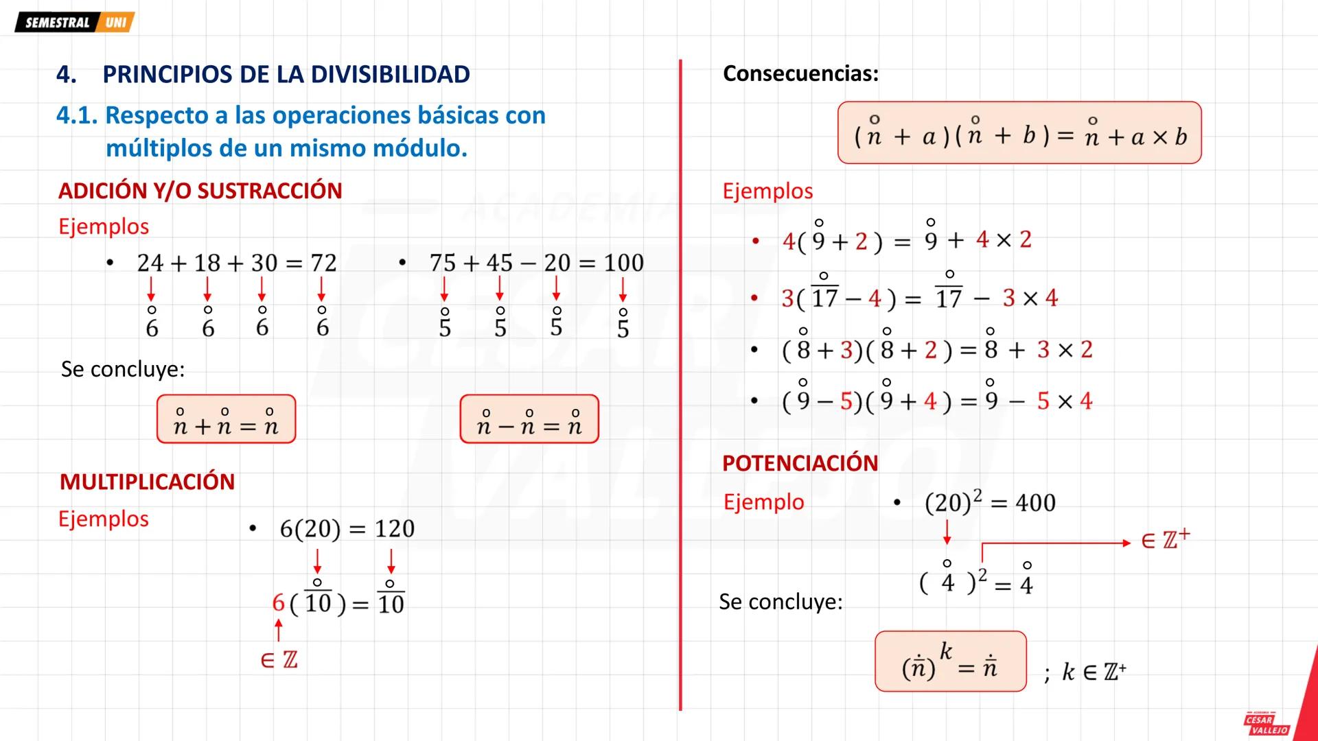 SEMESTRAL UNI
1. DIVISIBILIDAD Y MULTIPLICIDAD
2. NOTACIÓN DE LOS MÚLTIPLOS
DE UN NÚMERO
Ejemplo
357
∈ Z+
Ejemplo
35 es divisible por 7
∈ Z+