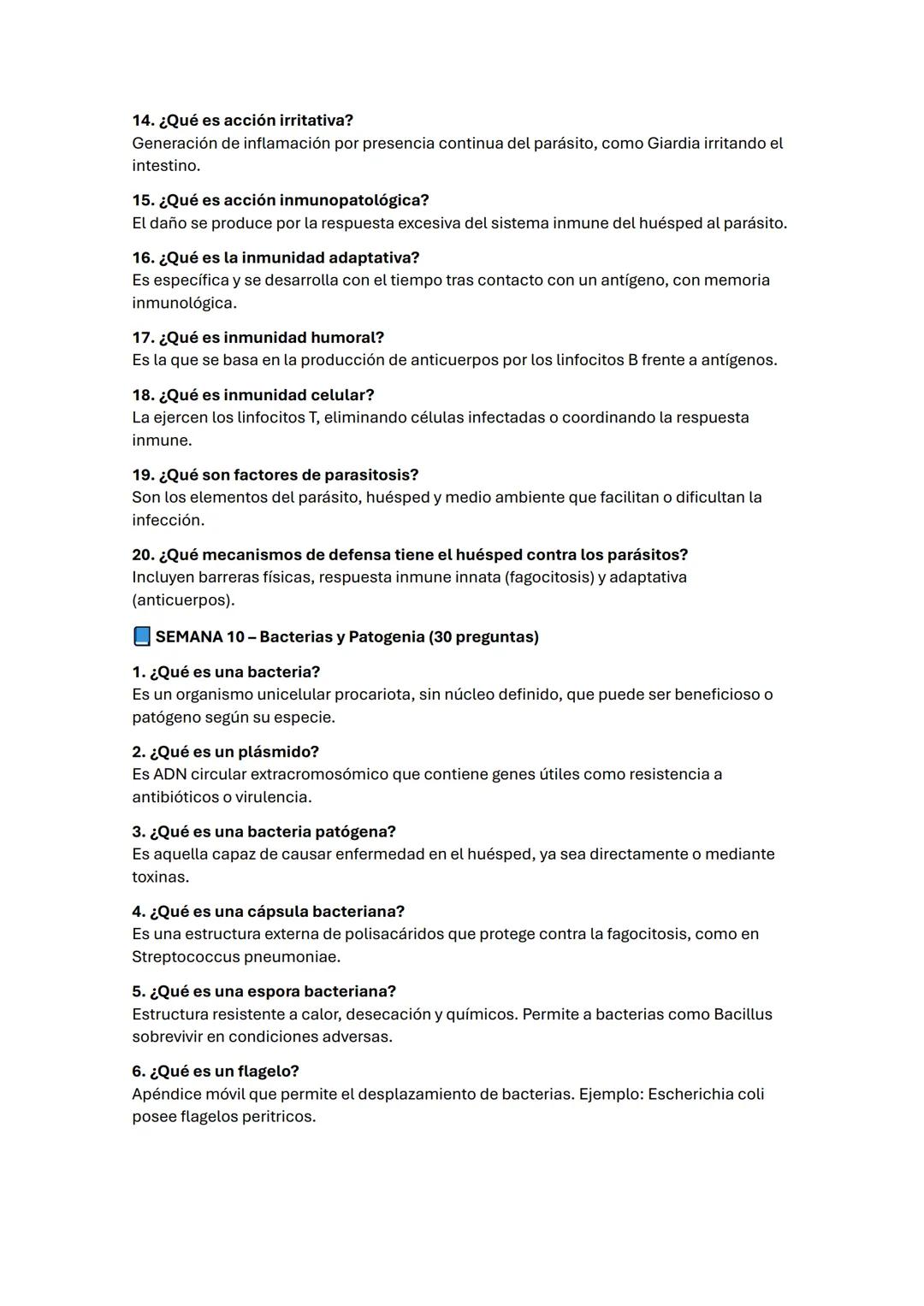 SEMANA 8-9 - Parásitos y Protozoarios (20 preguntas)
1. ¿Qué es un parásito?
Es un organismo que vive a expensas de otro (huésped), del cual