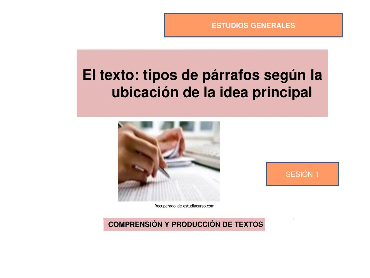 ESTUDIOS GENERALES
El texto: tipos de párrafos según la
ubicación de la idea principal
Recuperado de estudiacurso.com
COMPRENSIÓN Y PRODUCCI