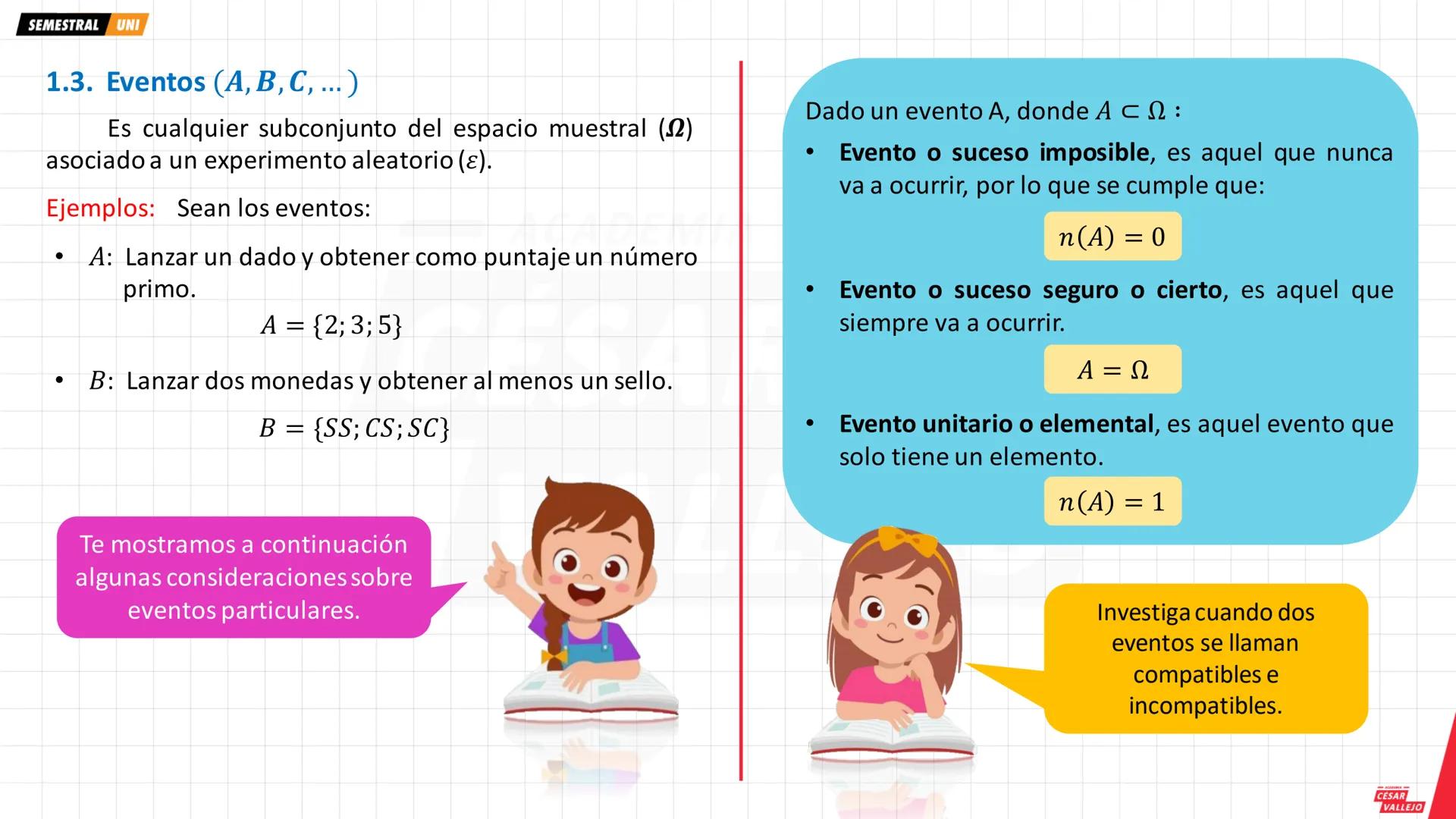 SEMESTRAL UNI
1. NOCIONES PREVIAS
Ten en cuenta...
En este tema la palabra experimento
se emplea para designar toda acción o
hecho que propo