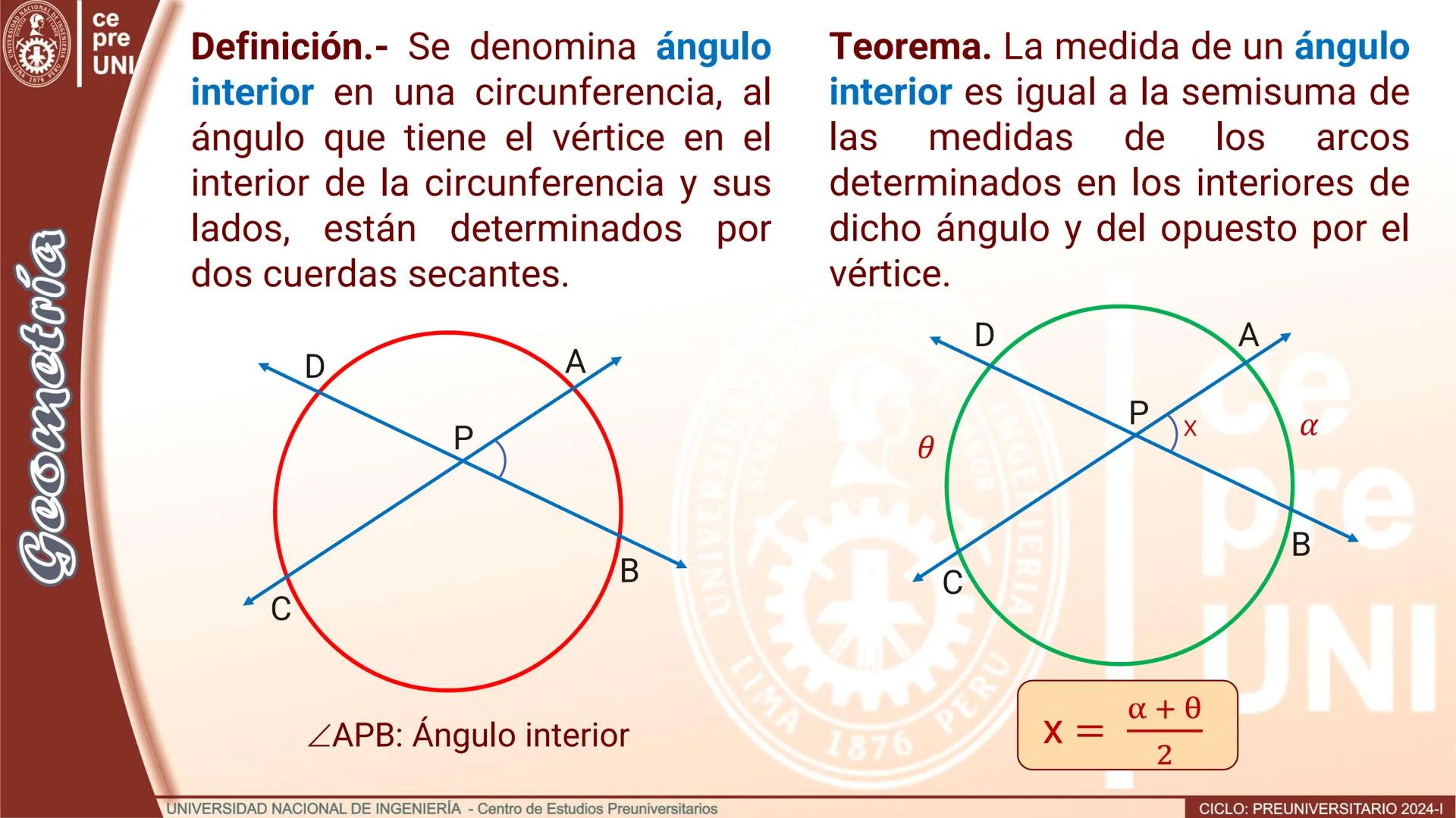 --- OCR Start ---
ERSID
UNIVERS
NACIONAL
ALDEIN
IMA 1876 PER
ce
pre
UNI
ÁNGULO CENTRAL
Definición.- Se denomina ángulo
central al ángulo cuy