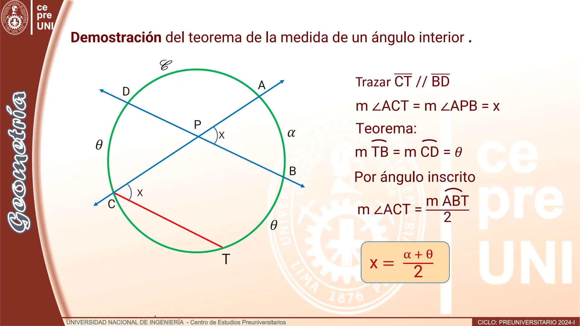 --- OCR Start ---
ERSID
UNIVERS
NACIONAL
ALDEIN
IMA 1876 PER
ce
pre
UNI
ÁNGULO CENTRAL
Definición.- Se denomina ángulo
central al ángulo cuy