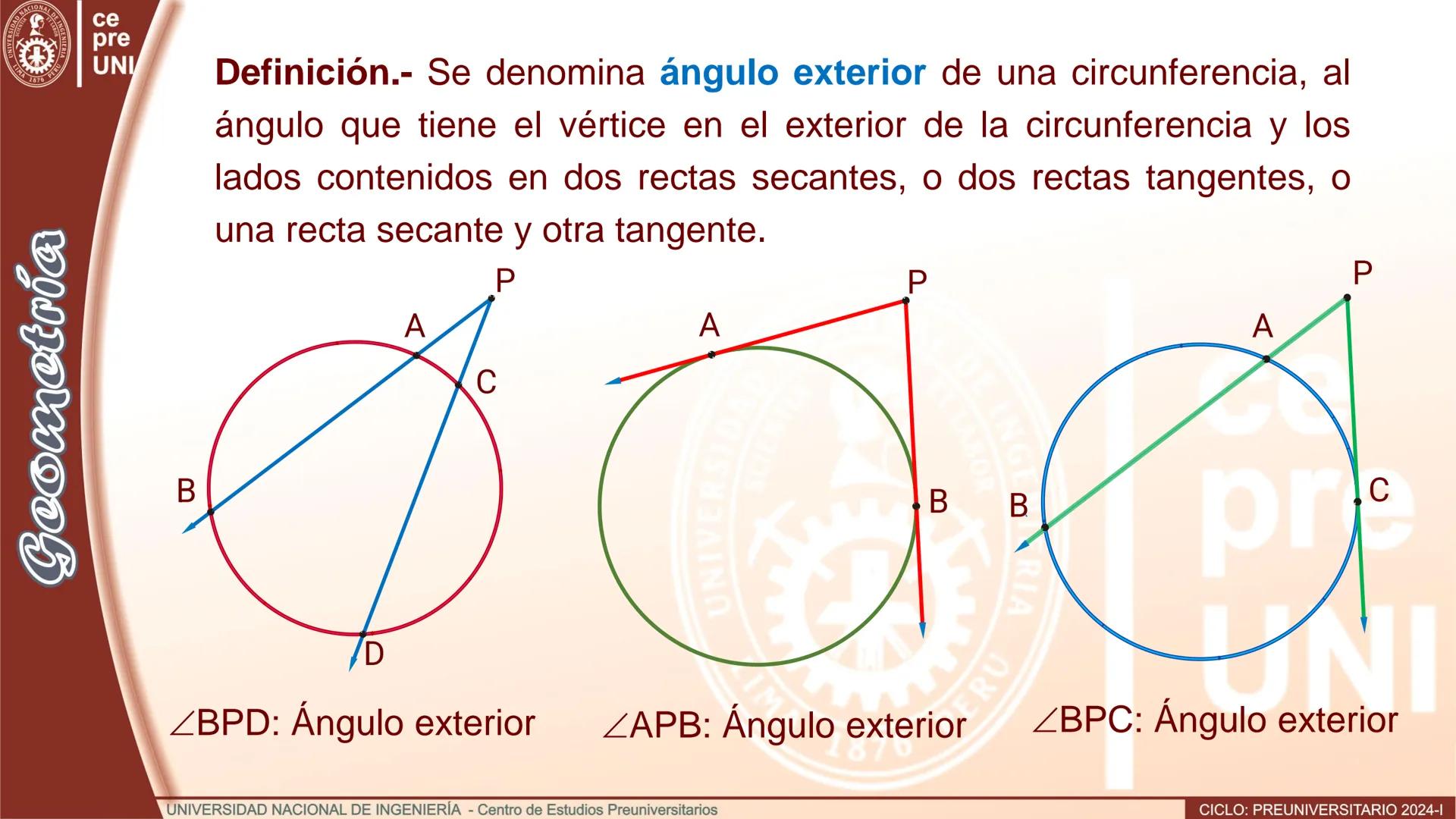 --- OCR Start ---
ERSID
UNIVERS
NACIONAL
ALDEIN
IMA 1876 PER
ce
pre
UNI
ÁNGULO CENTRAL
Definición.- Se denomina ángulo
central al ángulo cuy