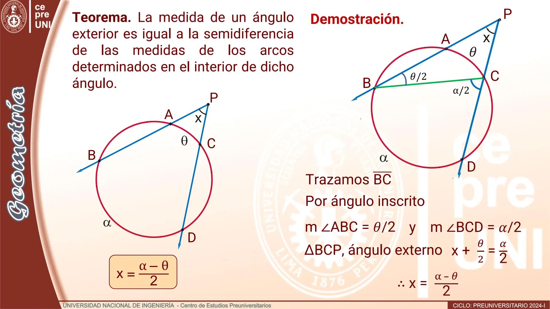 --- OCR Start ---
ERSID
UNIVERS
NACIONAL
ALDEIN
IMA 1876 PER
ce
pre
UNI
ÁNGULO CENTRAL
Definición.- Se denomina ángulo
central al ángulo cuy
