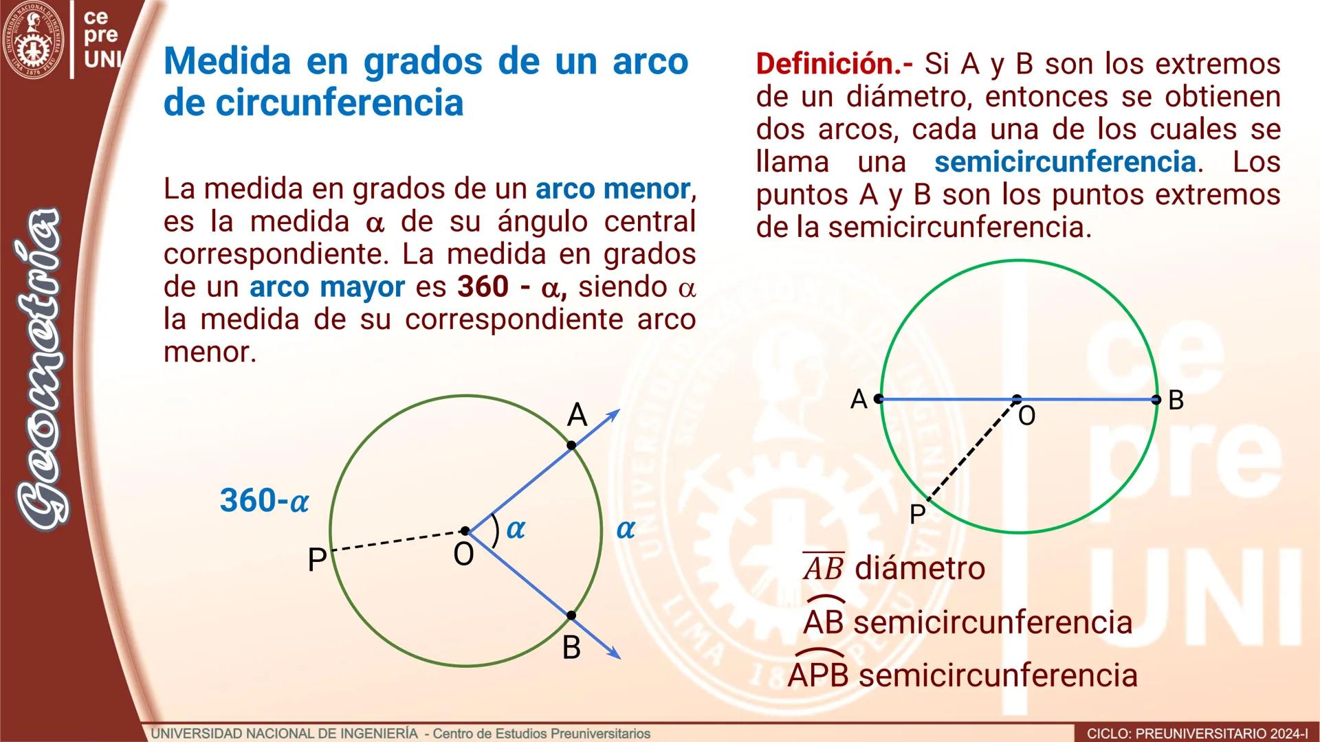 --- OCR Start ---
ERSID
UNIVERS
NACIONAL
ALDEIN
IMA 1876 PER
ce
pre
UNI
ÁNGULO CENTRAL
Definición.- Se denomina ángulo
central al ángulo cuy