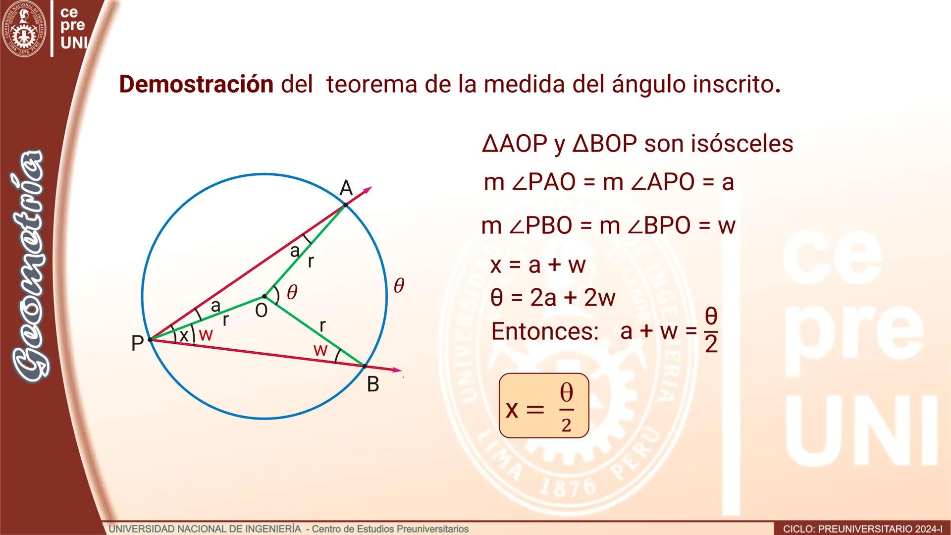 --- OCR Start ---
ERSID
UNIVERS
NACIONAL
ALDEIN
IMA 1876 PER
ce
pre
UNI
ÁNGULO CENTRAL
Definición.- Se denomina ángulo
central al ángulo cuy