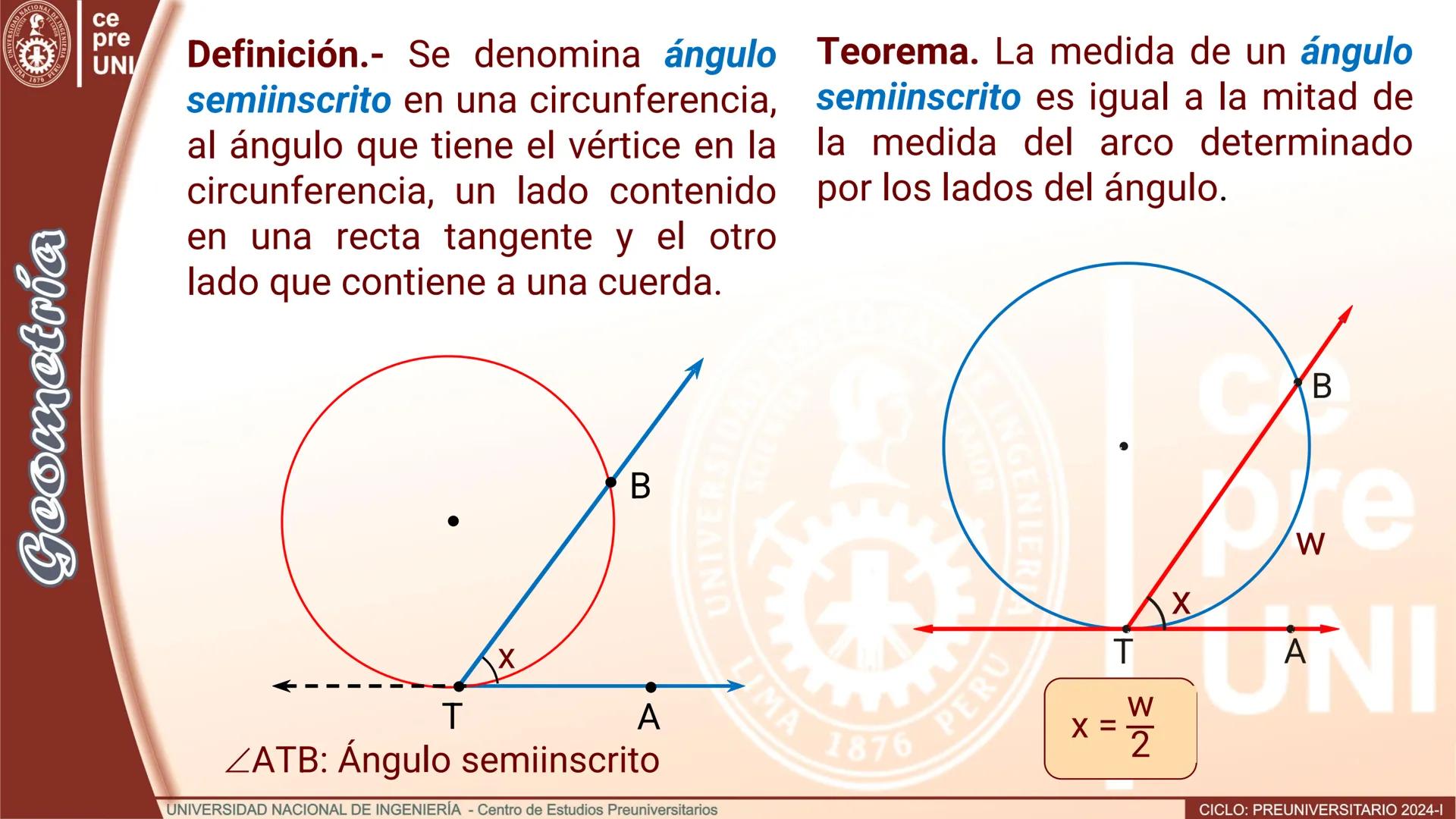 --- OCR Start ---
ERSID
UNIVERS
NACIONAL
ALDEIN
IMA 1876 PER
ce
pre
UNI
ÁNGULO CENTRAL
Definición.- Se denomina ángulo
central al ángulo cuy