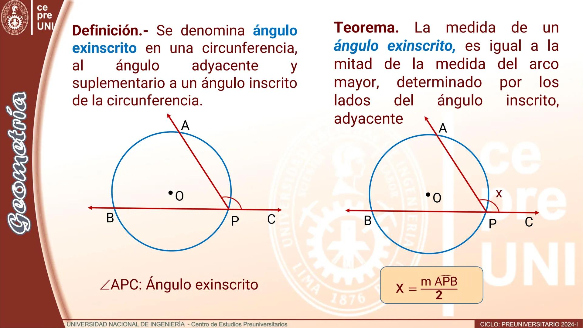 --- OCR Start ---
ERSID
UNIVERS
NACIONAL
ALDEIN
IMA 1876 PER
ce
pre
UNI
ÁNGULO CENTRAL
Definición.- Se denomina ángulo
central al ángulo cuy