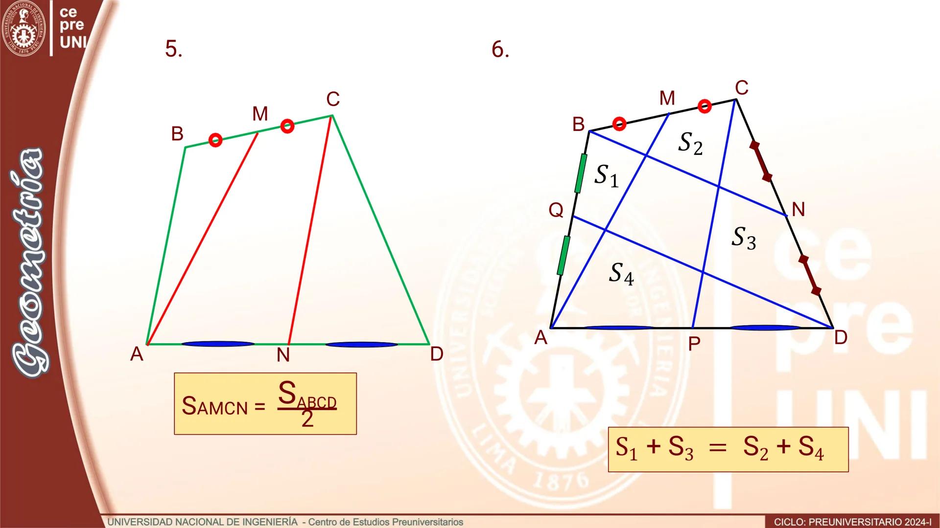 UNIVERS
SIDAD NACIONAL DE IN
3
IMA 1876 PER
Geometría
ce
pre
UNI
ÁREAS DE REGIONES CUADRANGULARES
Teorema.- El área de una región
cuadrangul