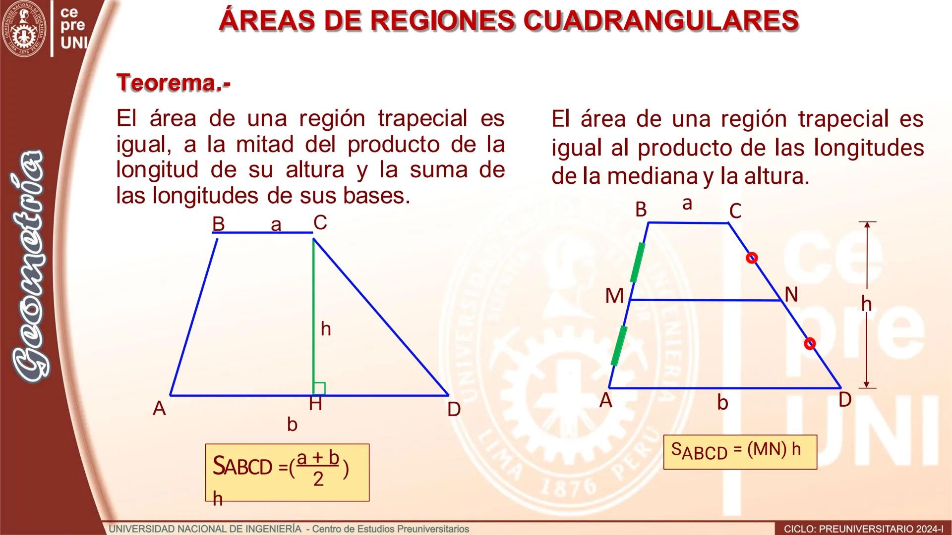 UNIVERS
SIDAD NACIONAL DE IN
3
IMA 1876 PER
Geometría
ce
pre
UNI
ÁREAS DE REGIONES CUADRANGULARES
Teorema.- El área de una región
cuadrangul