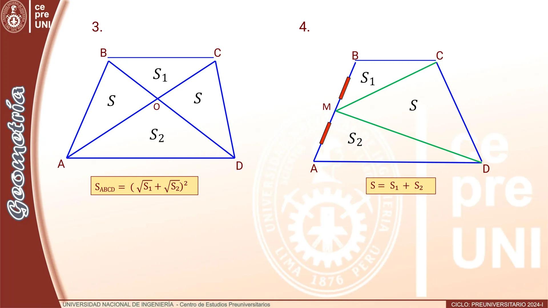 UNIVERS
SIDAD NACIONAL DE IN
3
IMA 1876 PER
Geometría
ce
pre
UNI
ÁREAS DE REGIONES CUADRANGULARES
Teorema.- El área de una región
cuadrangul