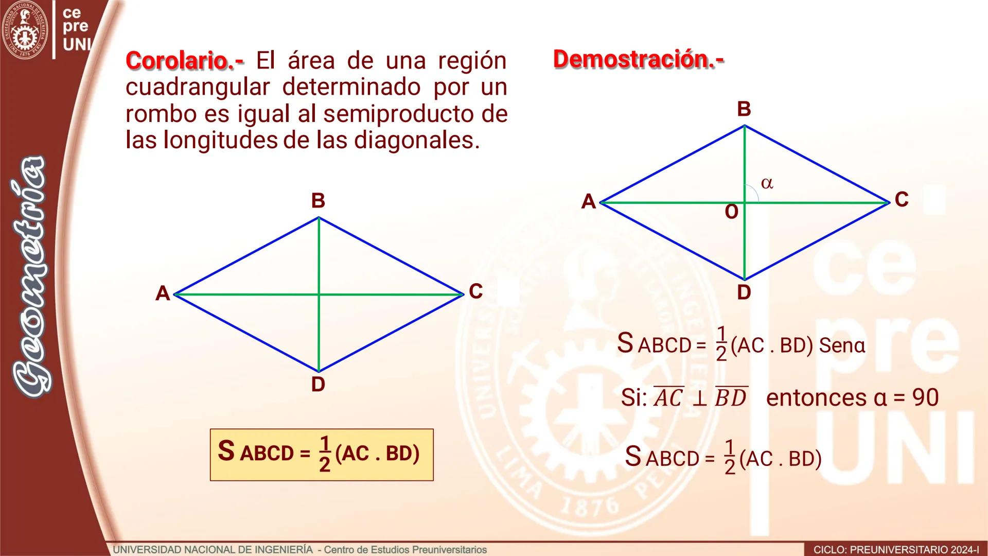 UNIVERS
SIDAD NACIONAL DE IN
3
IMA 1876 PER
Geometría
ce
pre
UNI
ÁREAS DE REGIONES CUADRANGULARES
Teorema.- El área de una región
cuadrangul