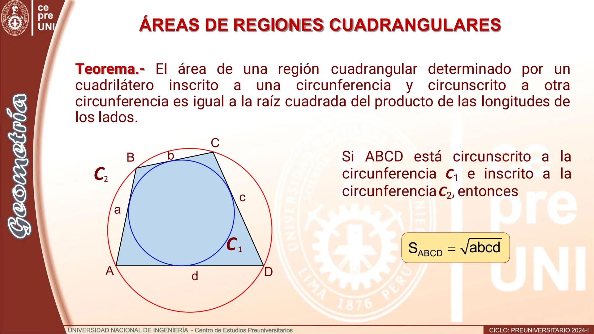 UNIVERS
SIDAD NACIONAL DE IN
3
IMA 1876 PER
Geometría
ce
pre
UNI
ÁREAS DE REGIONES CUADRANGULARES
Teorema.- El área de una región
cuadrangul