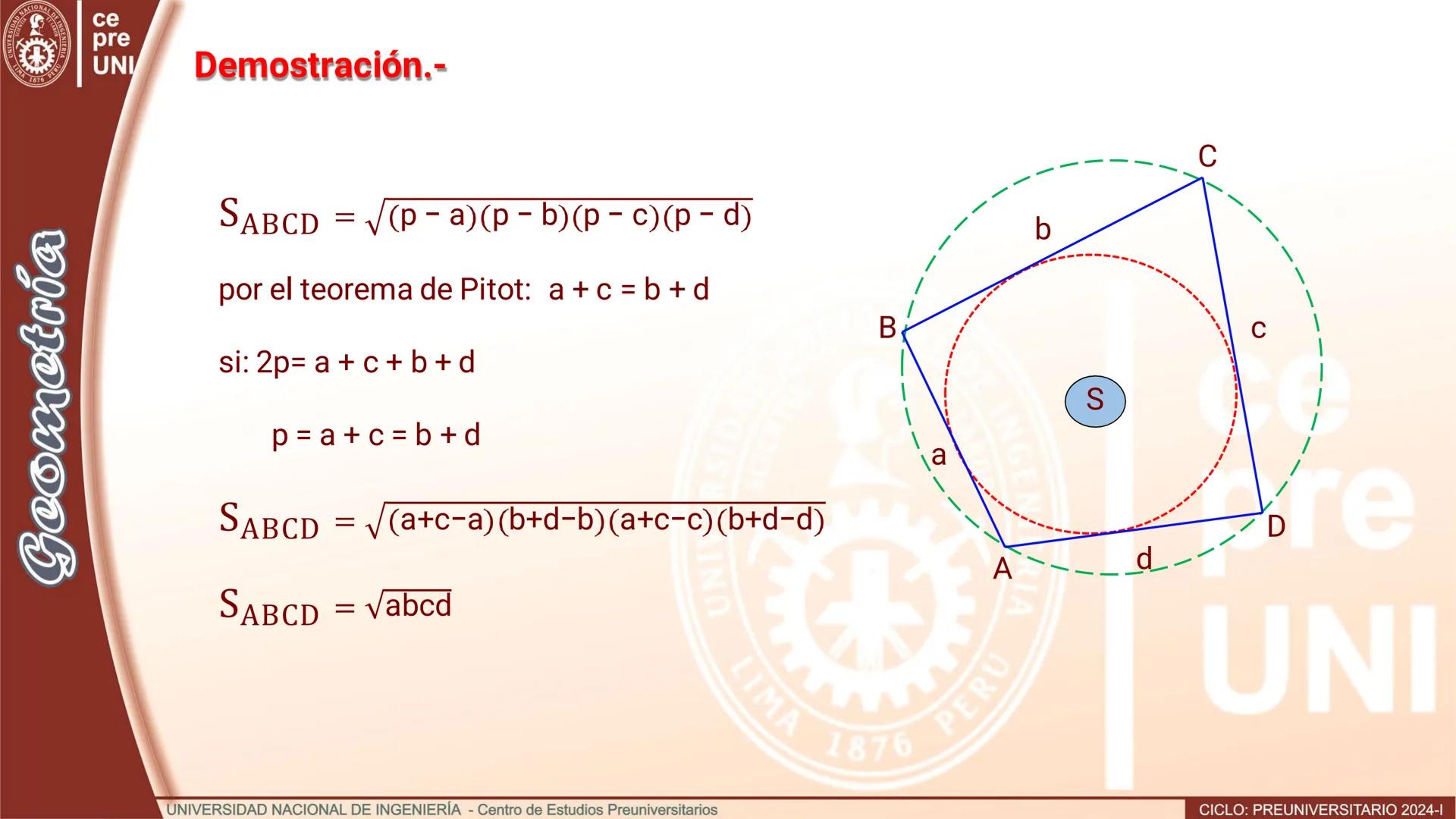 UNIVERS
SIDAD NACIONAL DE IN
3
IMA 1876 PER
Geometría
ce
pre
UNI
ÁREAS DE REGIONES CUADRANGULARES
Teorema.- El área de una región
cuadrangul