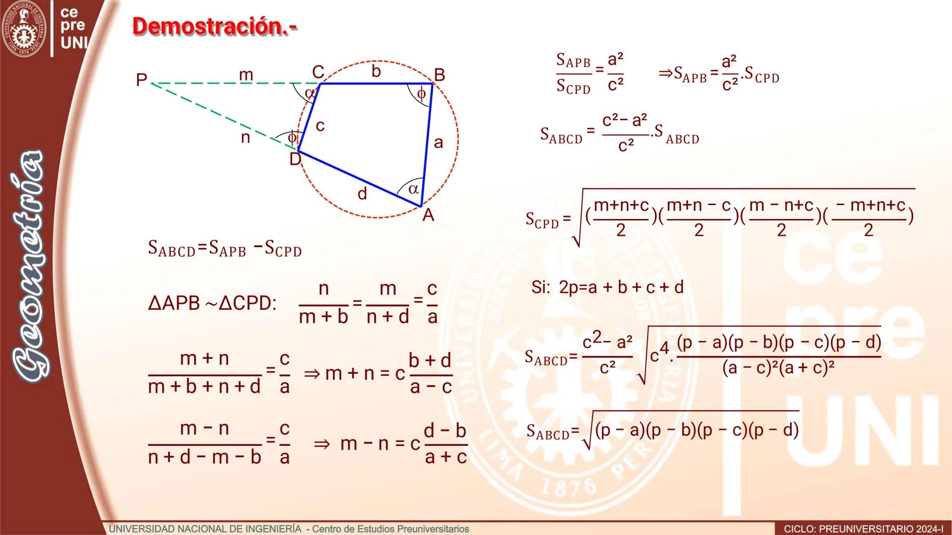 UNIVERS
SIDAD NACIONAL DE IN
3
IMA 1876 PER
Geometría
ce
pre
UNI
ÁREAS DE REGIONES CUADRANGULARES
Teorema.- El área de una región
cuadrangul
