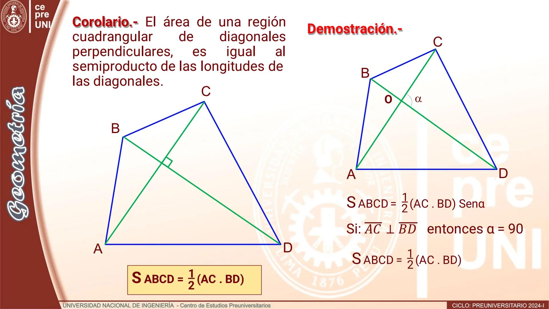 UNIVERS
SIDAD NACIONAL DE IN
3
IMA 1876 PER
Geometría
ce
pre
UNI
ÁREAS DE REGIONES CUADRANGULARES
Teorema.- El área de una región
cuadrangul