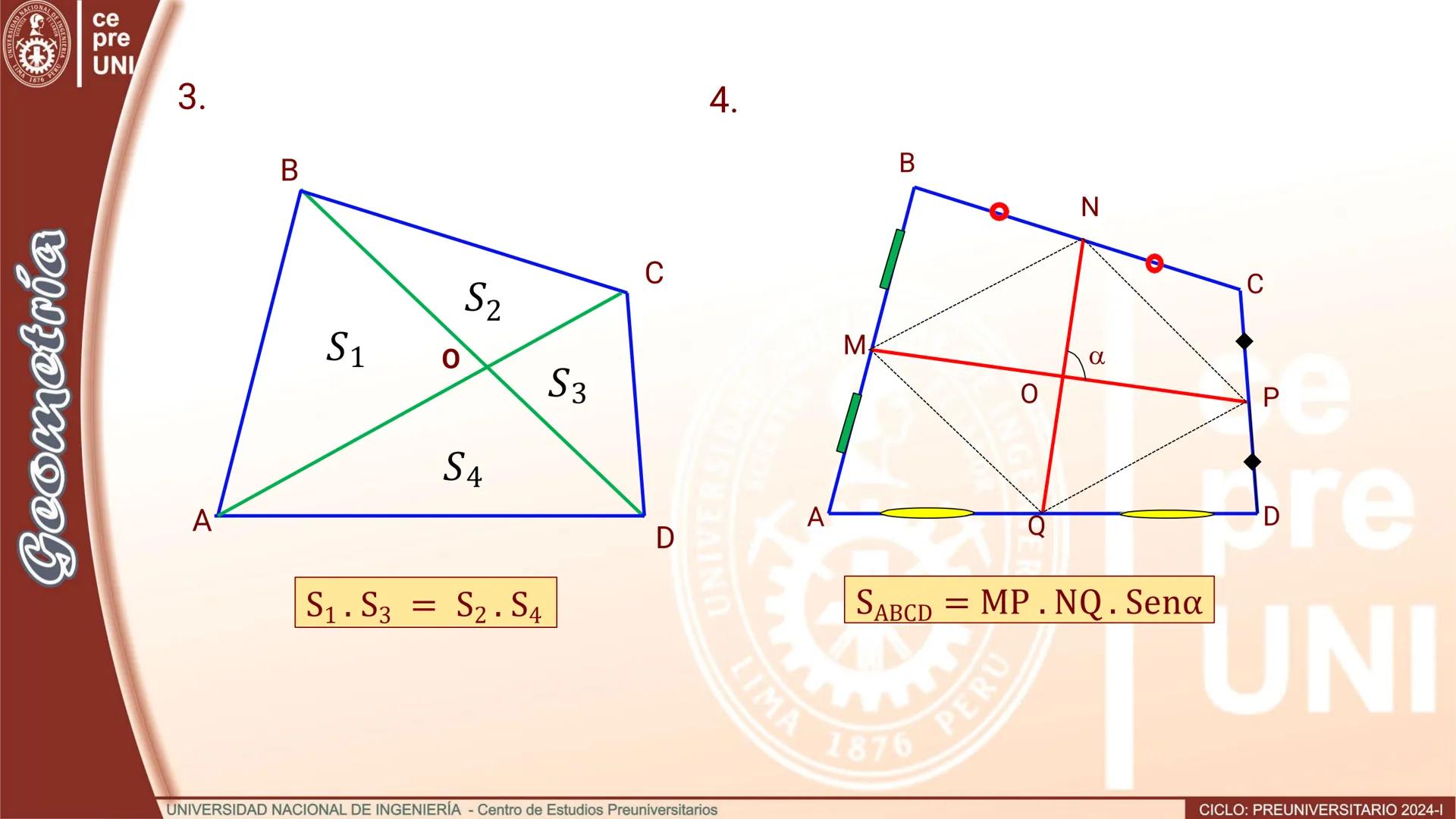 UNIVERS
SIDAD NACIONAL DE IN
3
IMA 1876 PER
Geometría
ce
pre
UNI
ÁREAS DE REGIONES CUADRANGULARES
Teorema.- El área de una región
cuadrangul