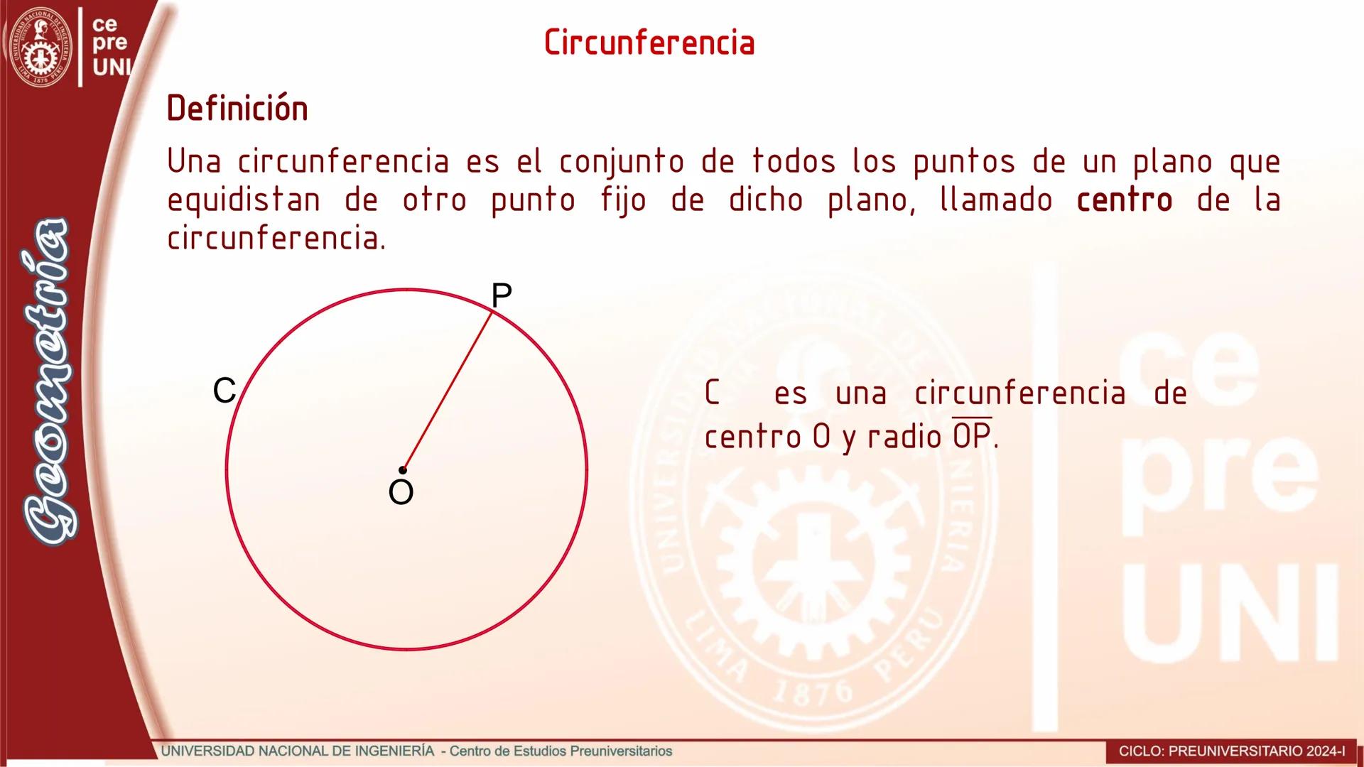 # Definición
Circunferencia
Una circunferencia es el conjunto de todos los puntos de un plano que
equidistan de otro punto fijo de dicho p
