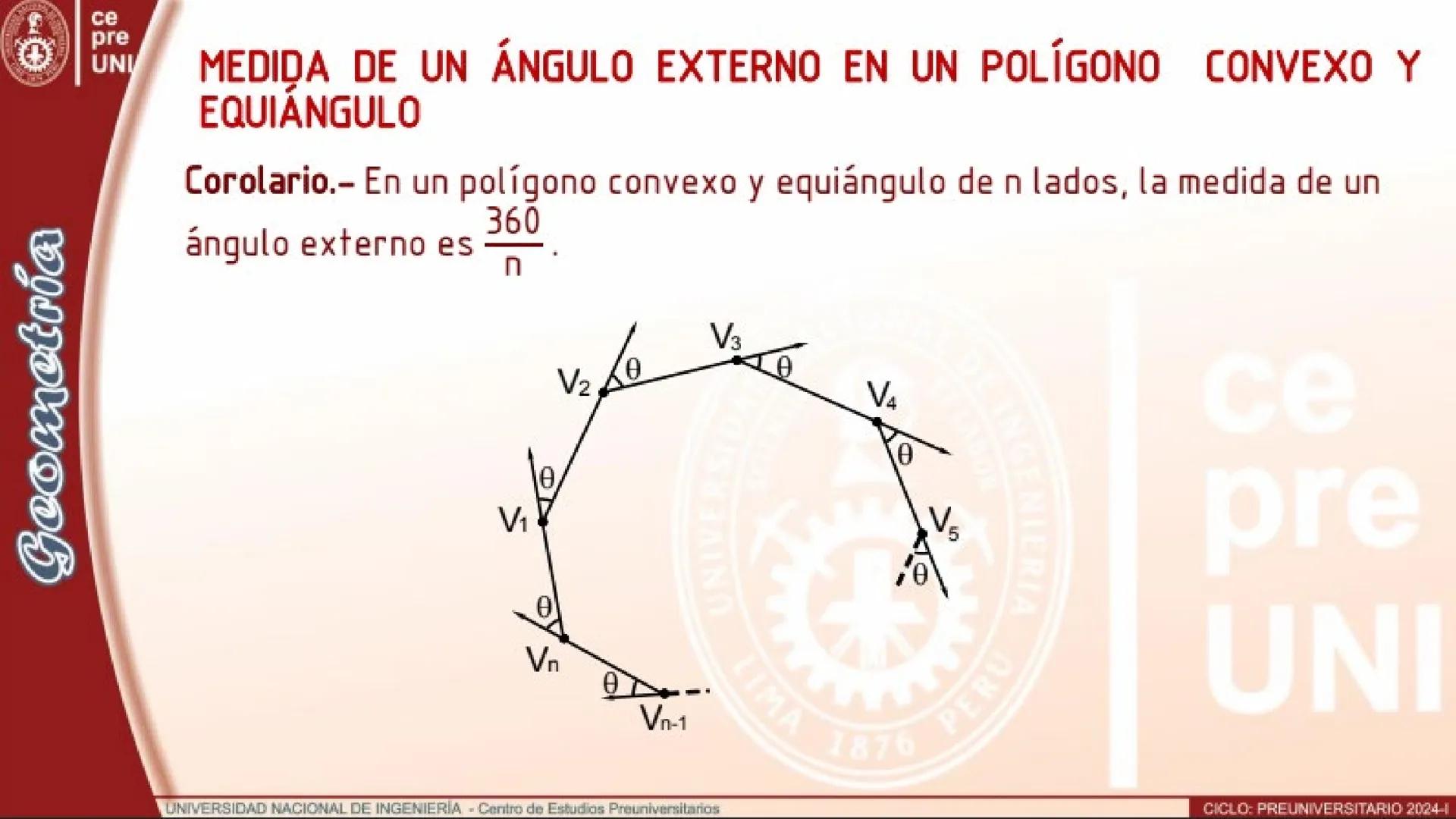 Geometría
25
ce
pre
UNI
NÚMERO DE DIAGONALES TRAZADOS DESDE UN VÉRTICE
Teorema.- En el polígono convexo de n lados, el número de diagonales