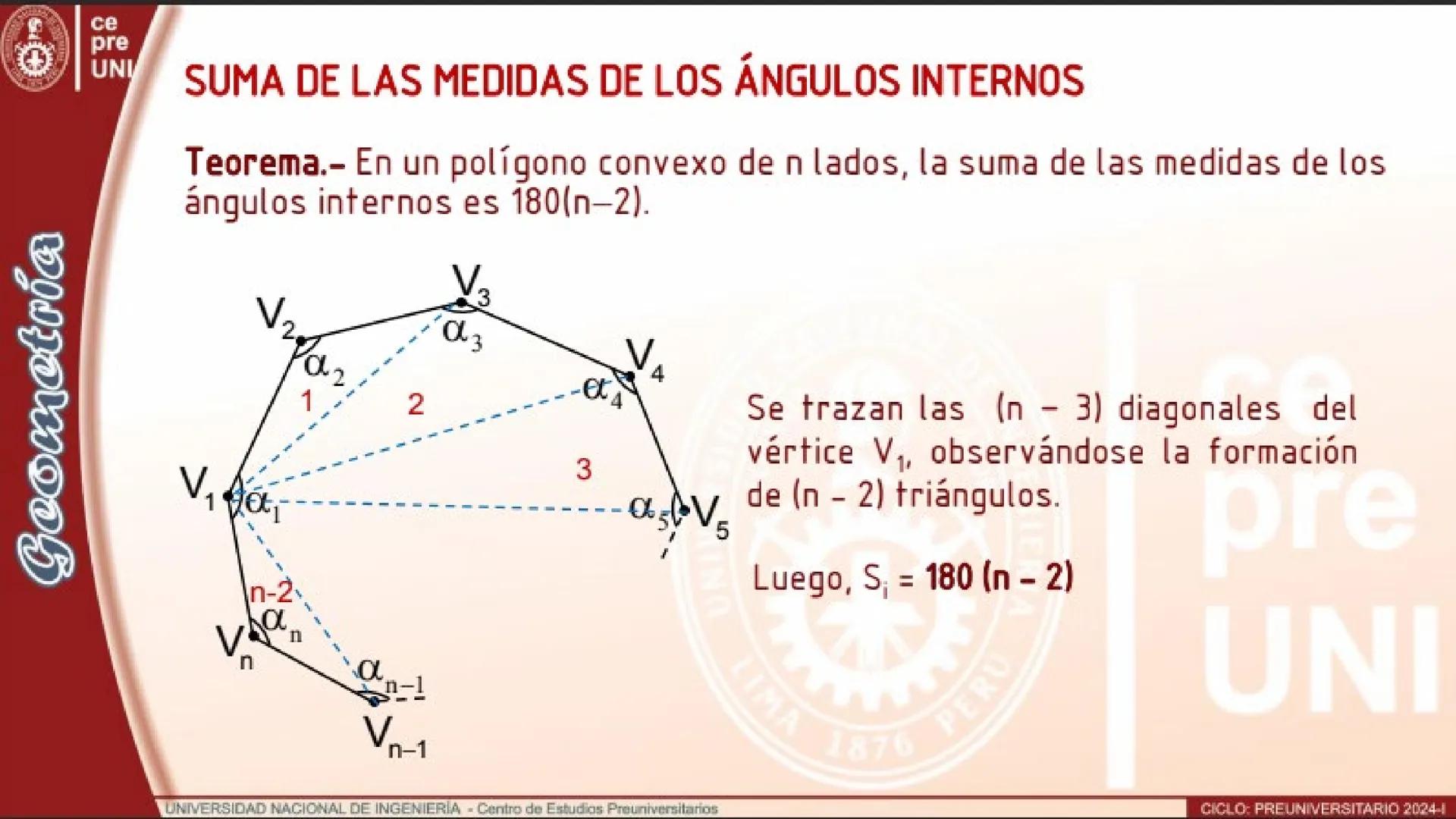 Geometría
25
ce
pre
UNI
NÚMERO DE DIAGONALES TRAZADOS DESDE UN VÉRTICE
Teorema.- En el polígono convexo de n lados, el número de diagonales