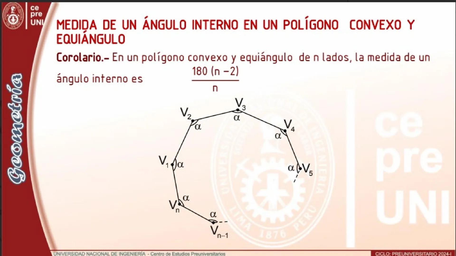 Geometría
25
ce
pre
UNI
NÚMERO DE DIAGONALES TRAZADOS DESDE UN VÉRTICE
Teorema.- En el polígono convexo de n lados, el número de diagonales