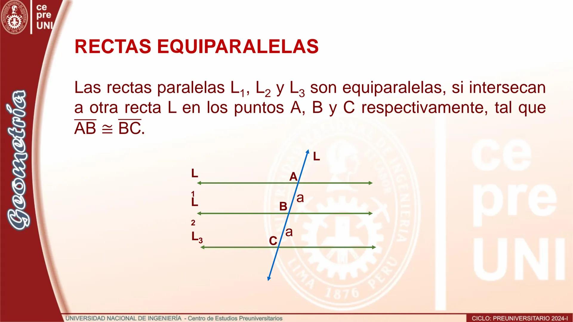 ## RECTAS EQUIPARALELAS
Las rectas paralelas $L_1$, $L_2$ y $L_3$ son equiparalelas, si intersecan
a otra recta L en los puntos A, B y C re