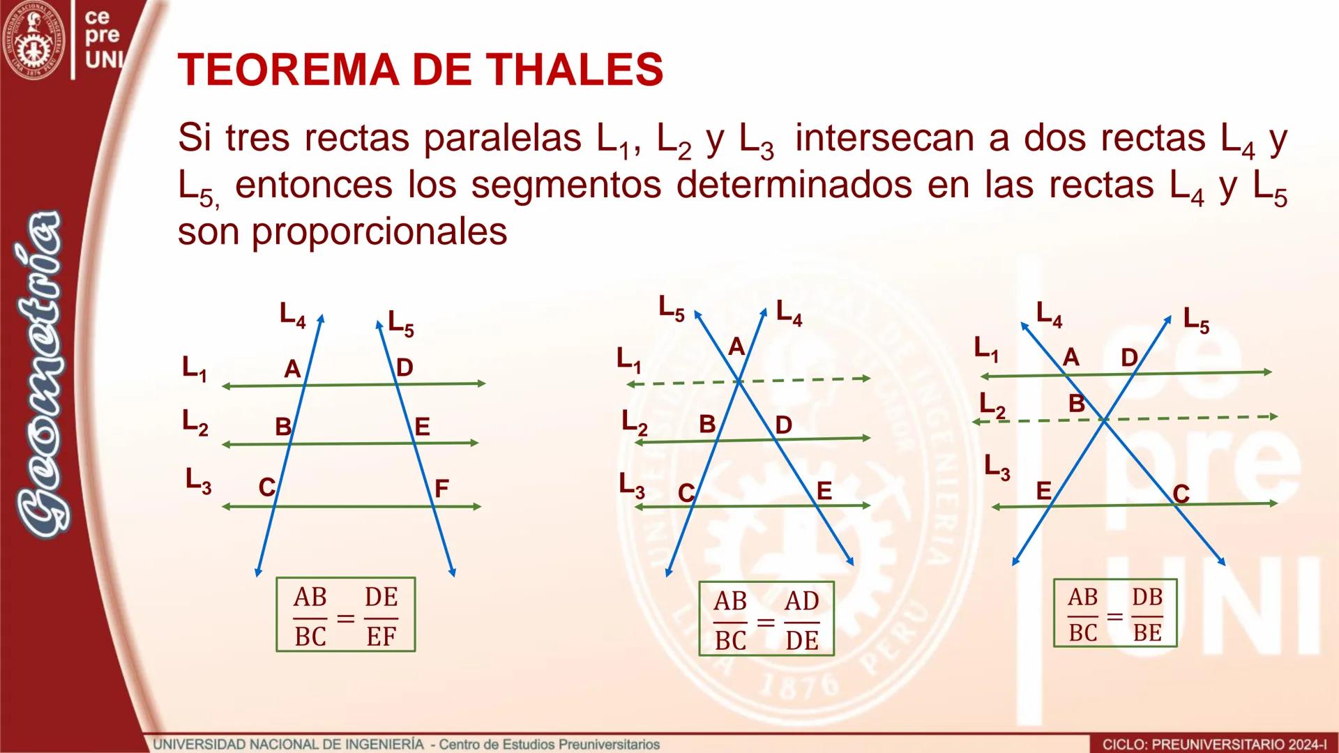 ## RECTAS EQUIPARALELAS
Las rectas paralelas $L_1$, $L_2$ y $L_3$ son equiparalelas, si intersecan
a otra recta L en los puntos A, B y C re
