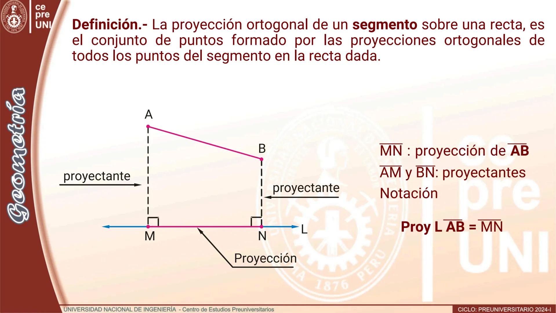 ## PROYECCIÓN ORTOGONAL
Definición.- La proyección ortogonal de un punto sobre una recta,
es el pie de la perpendicular trazada desde el pu