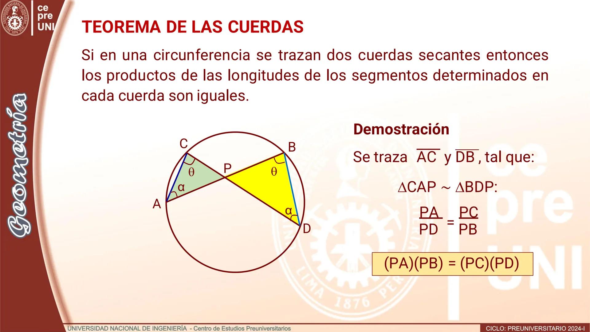 # TEOREMA DE LAS CUERDAS
Si en una circunferencia se trazan dos cuerdas secantes entonces los productos de las longitudes de los segmentos
