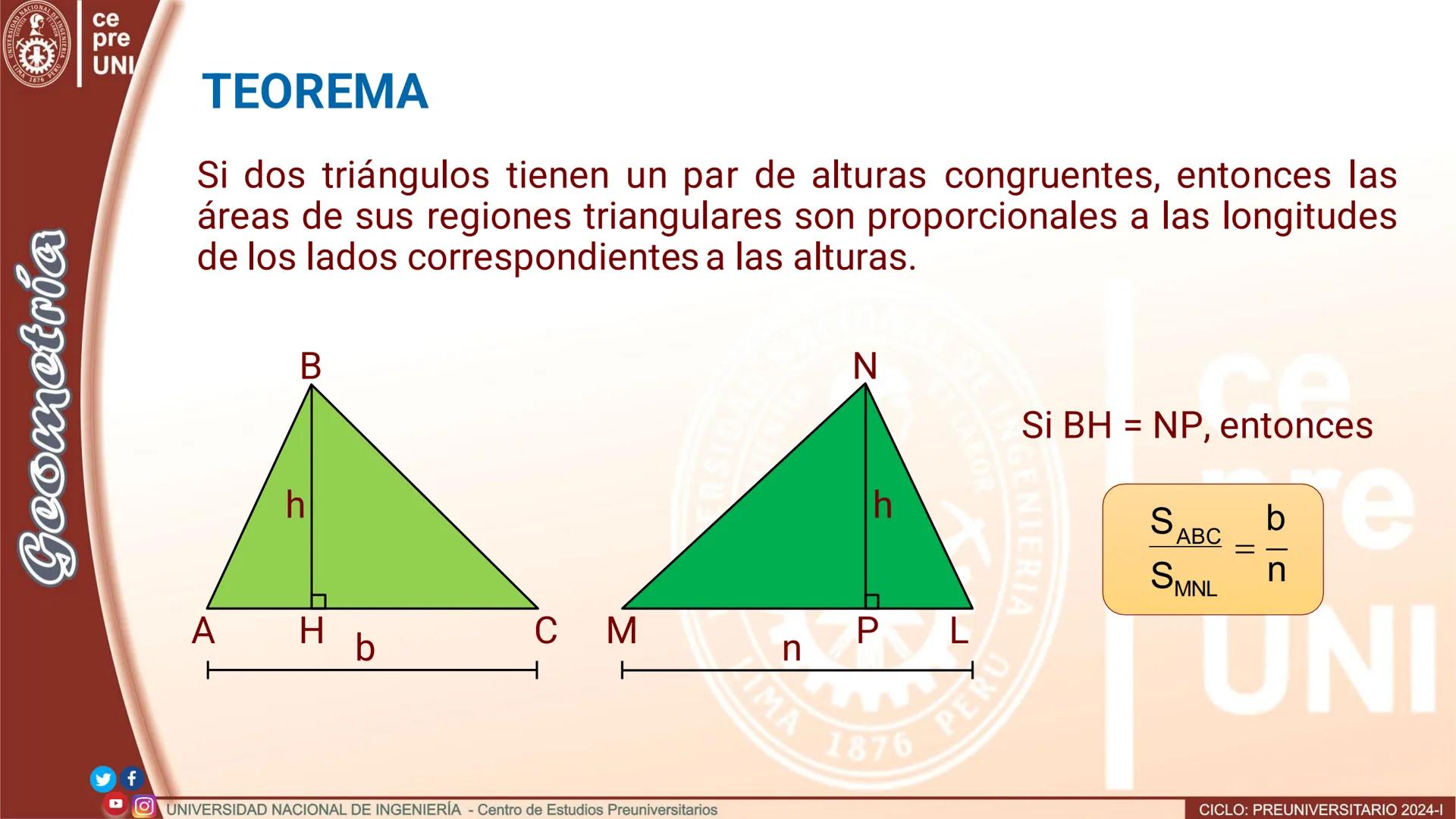 --- OCR Start ---
SIDAD NACIONAL DE IN
UNIVERS
IMA 1876 PER
ce
pre
UNI
Geometría
TEOREMA
Si dos triángulos tienen un par de alturas congruen