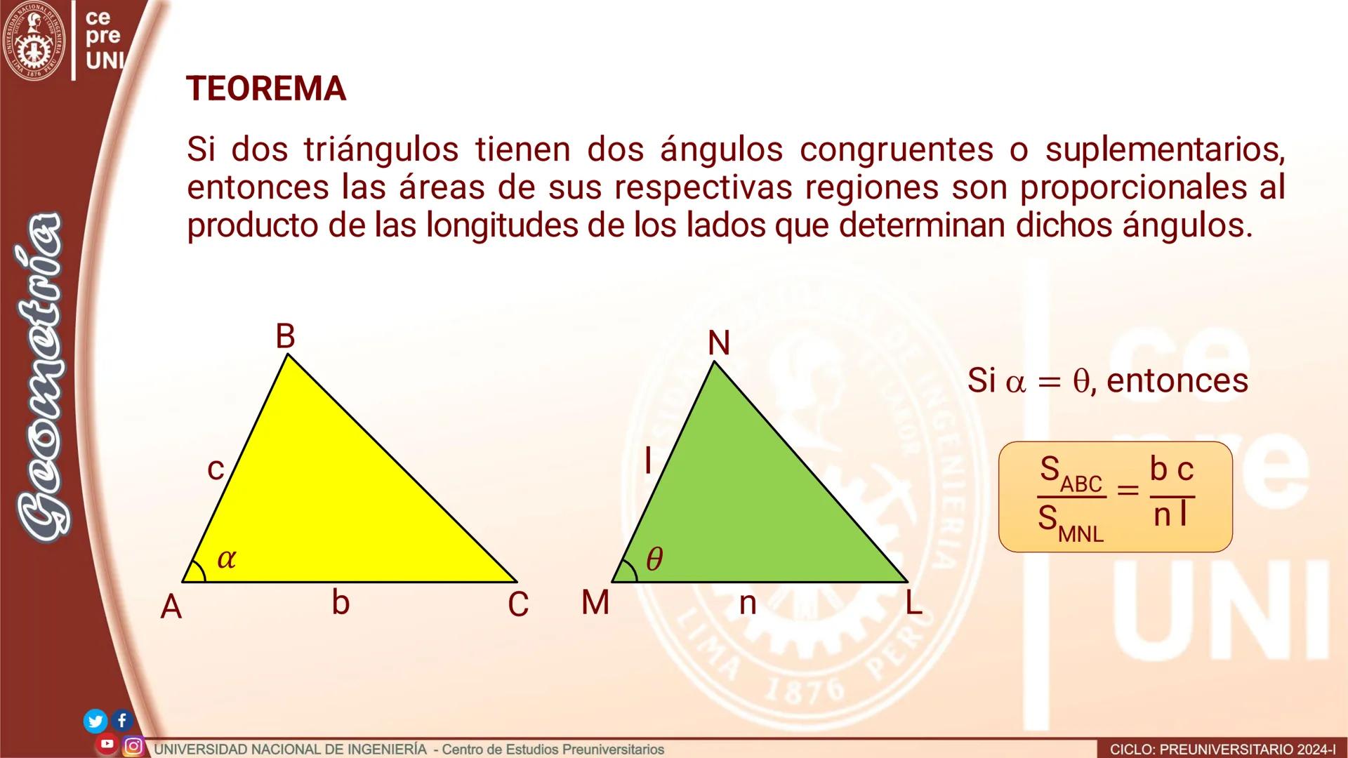 --- OCR Start ---
SIDAD NACIONAL DE IN
UNIVERS
IMA 1876 PER
ce
pre
UNI
Geometría
TEOREMA
Si dos triángulos tienen un par de alturas congruen