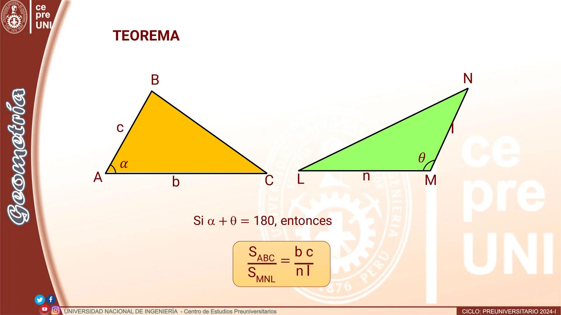 --- OCR Start ---
SIDAD NACIONAL DE IN
UNIVERS
IMA 1876 PER
ce
pre
UNI
Geometría
TEOREMA
Si dos triángulos tienen un par de alturas congruen