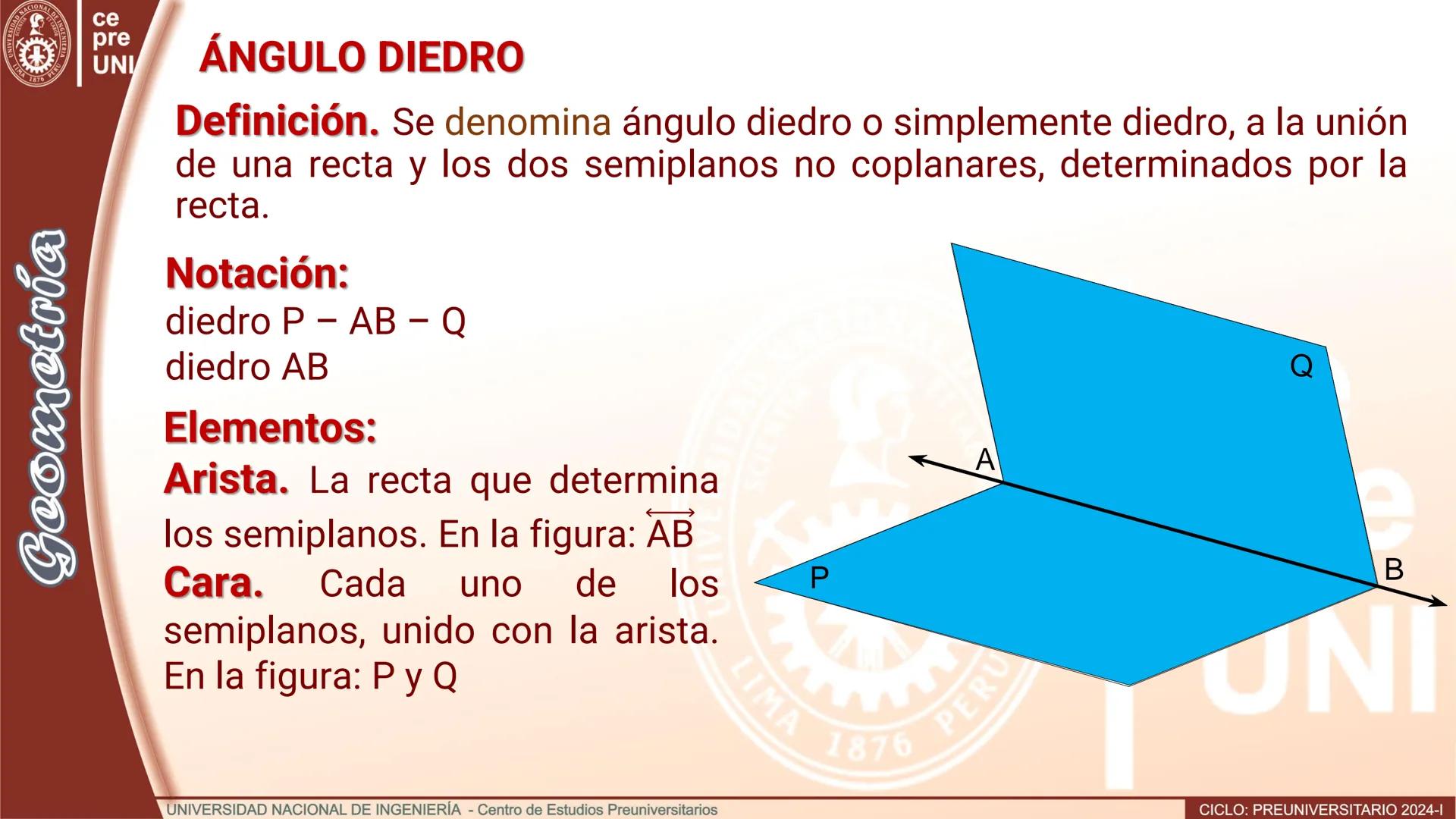 # TEORÍA
# Geometría
## ÁNGULO DIEDRO
CICLO
PREUNIVERSITARIO
2024-1
Semana
13b
UNIVERSIDAD NACIONAL DE INGENIERÍA - Centro