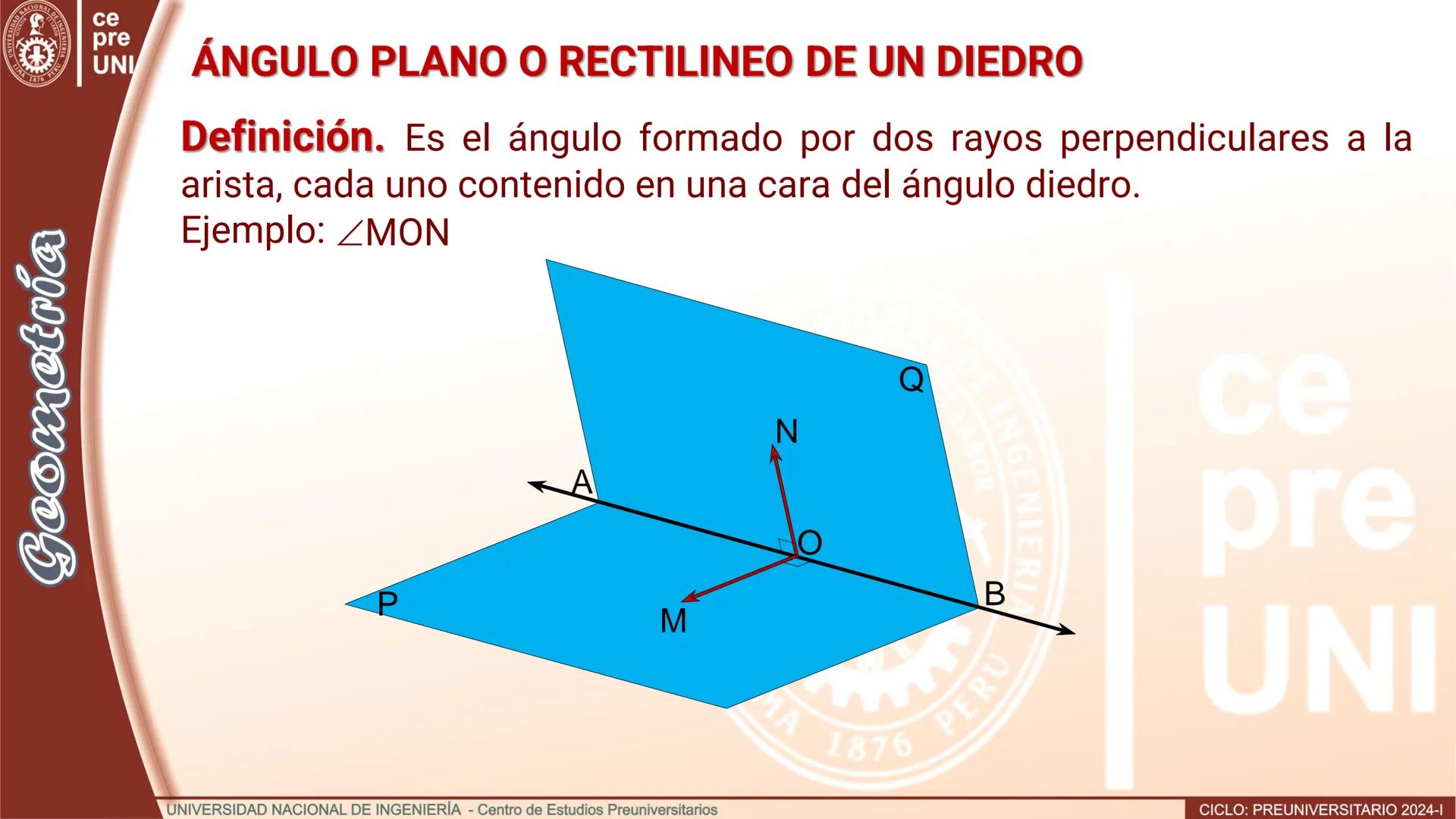 # TEORÍA
# Geometría
## ÁNGULO DIEDRO
CICLO
PREUNIVERSITARIO
2024-1
Semana
13b
UNIVERSIDAD NACIONAL DE INGENIERÍA - Centro