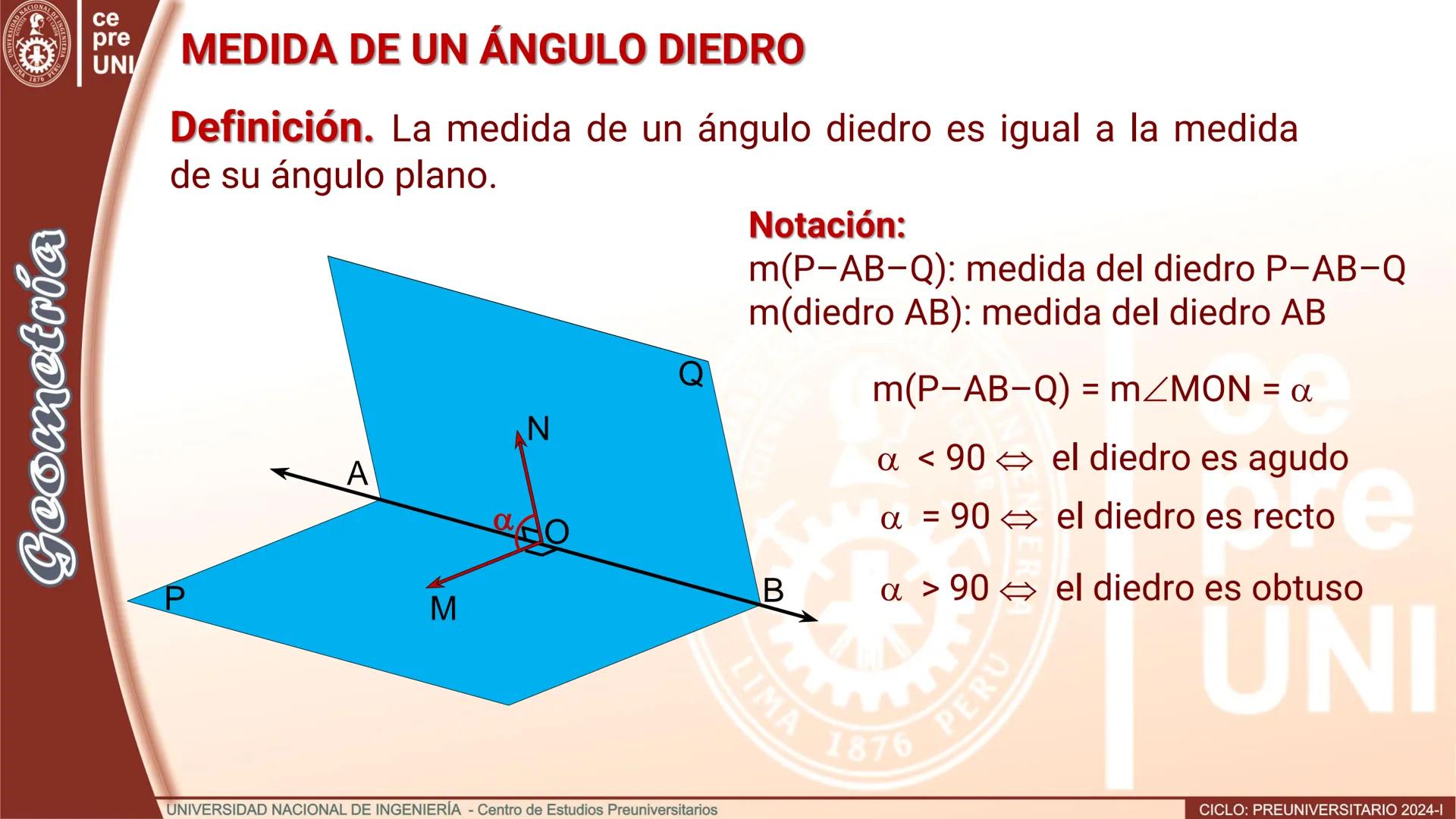 # TEORÍA
# Geometría
## ÁNGULO DIEDRO
CICLO
PREUNIVERSITARIO
2024-1
Semana
13b
UNIVERSIDAD NACIONAL DE INGENIERÍA - Centro