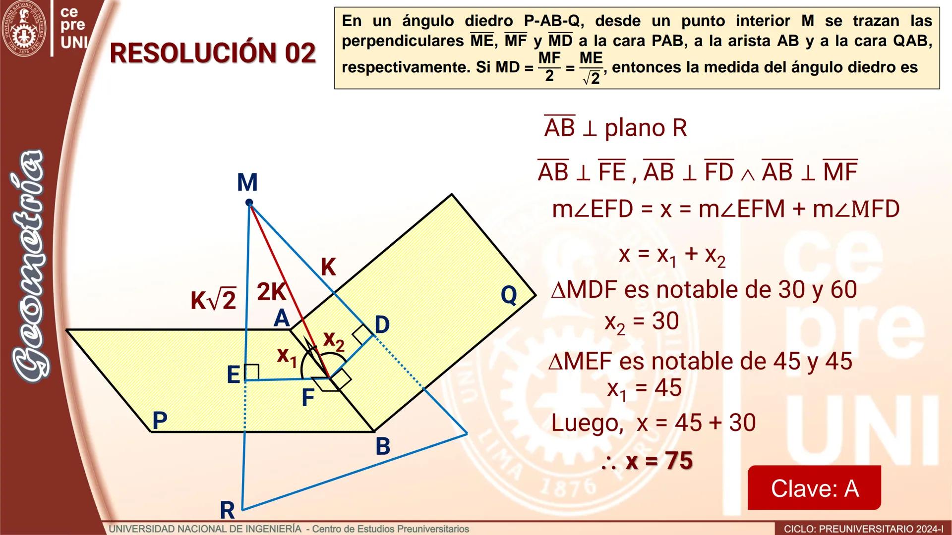 # TEORÍA
# Geometría
## ÁNGULO DIEDRO
CICLO
PREUNIVERSITARIO
2024-1
Semana
13b
UNIVERSIDAD NACIONAL DE INGENIERÍA - Centro